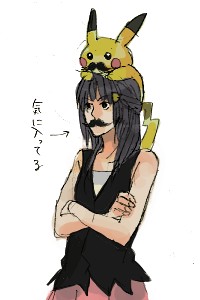 dawn (pokemon), pikachu, nintendo, pokemon, pokemon (anime), pokemon dppt (anime), lowres, translated, 1girl, black hair, crossed arms, facial hair, gen 1 pokemon, mustache, pokemon (creature), simple background, white background