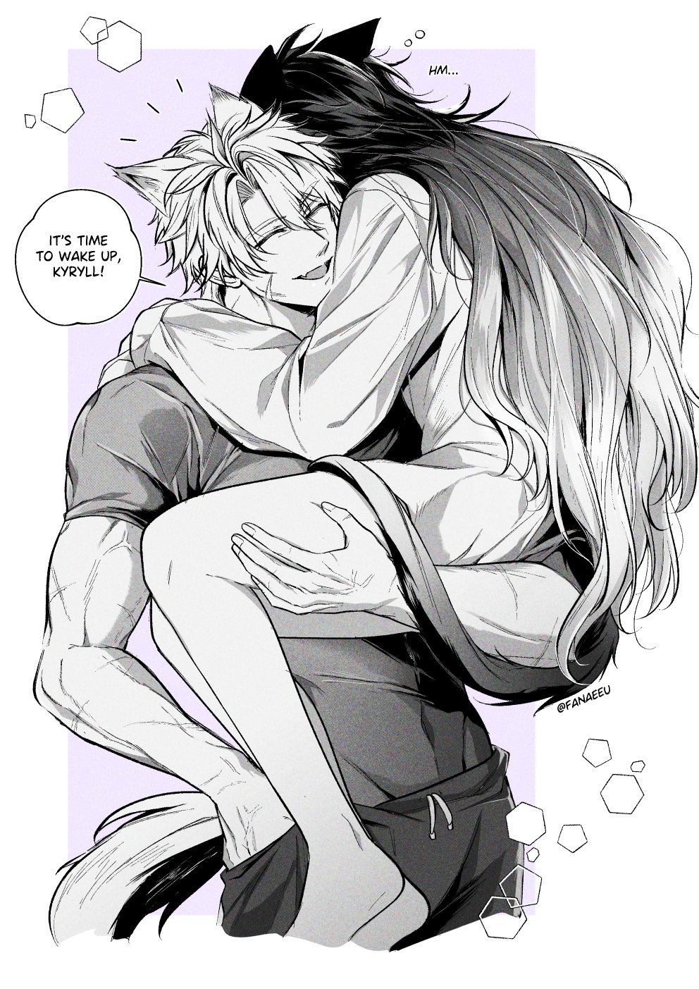 flins (genshin impact), varka (genshin impact), genshin impact, commentary, english commentary, highres, 2boys, ^ ^, animal ears, bottomless, carrying, carrying person, cat boy, cat ears, cat tail, closed eyes, cropped legs, fanaeeu, hands in pockets, kemonomimi mode, long hair, male focus, multiple boys, multiple scars, notice lines, open mouth, pants, scar, scar on arm, shirt, short sleeves, sleepy, slippers, smile, speech bubble, squeans, sweatpants, t-shirt, tail, very long hair, yaoi