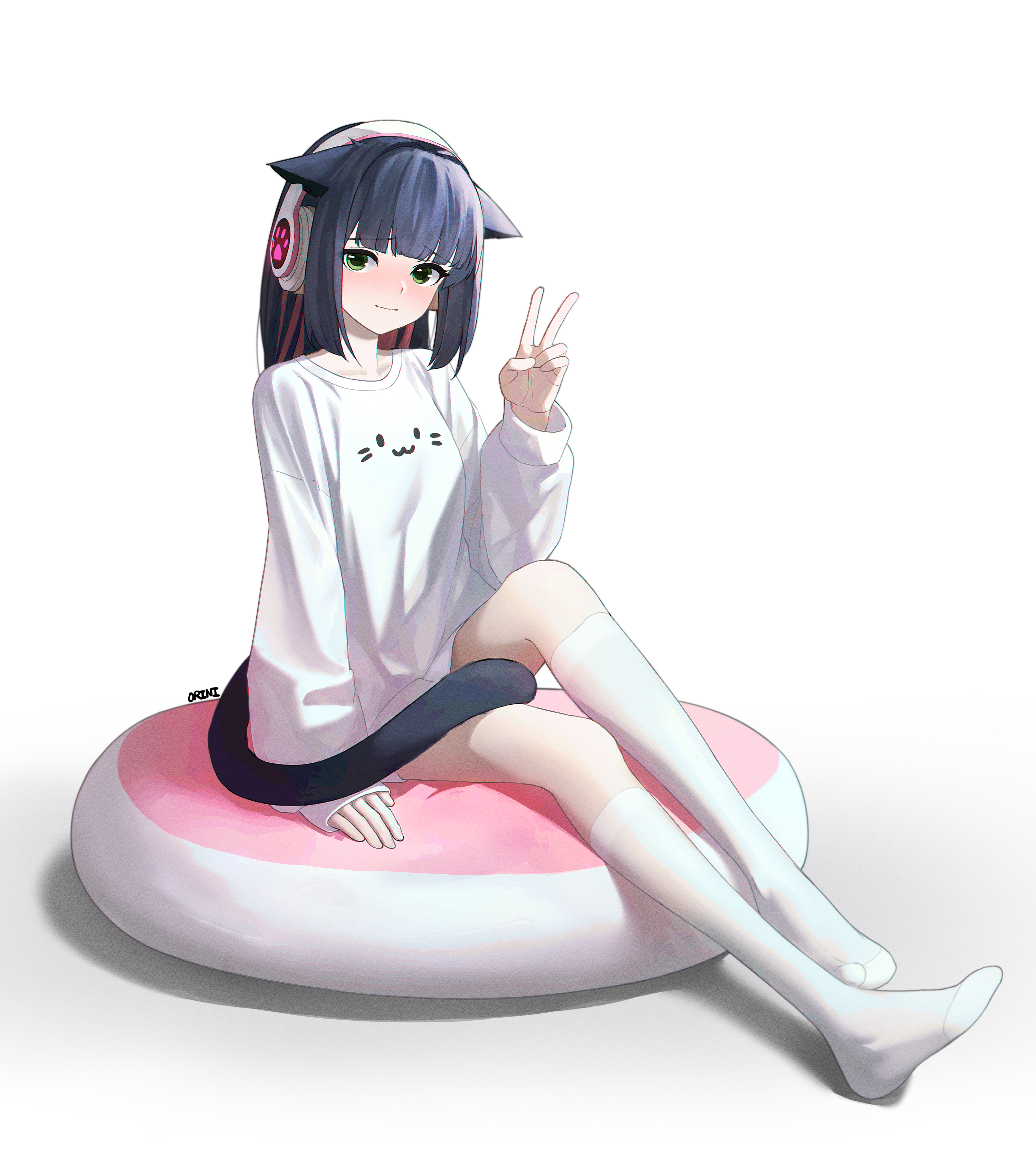 orini, jessica (arknights), arknights, absurdres, commentary, highres, 1girl, alternate costume, animal ears, artist name, blue hair, blush, cat ears, cat girl, cat tail, closed mouth, full body, green eyes, hand up, headphones, implied extra ears, kneehighs, long hair, looking at viewer, no shoes, simple background, sitting, socks, solo, sweater, tail, v, white background, white socks, white sweater