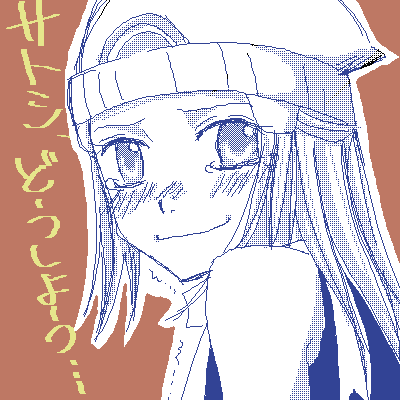 dawn (pokemon), manaphy, nintendo, pokemon, pokemon (anime), pokemon dppt (anime), lowres, 00s, 1girl, beanie, blush, brown background, female focus, gen 4 pokemon, hat, legendary pokemon, monochrome, mythical pokemon, oekaki, pokemon (creature), simple background, smile, solo, tears