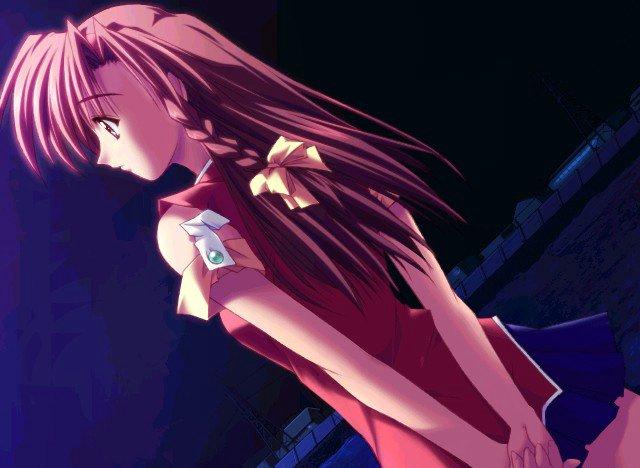 akazawa red, shikei, adachi honami, nyante chaton, game cg, 1girl, arms behind back, braid, brown eyes, brown hair, dutch angle, female focus, hair ribbon, long hair, purple eyes, ribbon, skirt, solo