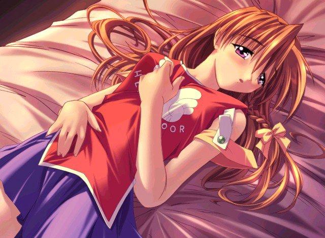 akazawa red, shikei, adachi honami, nyante chaton, game cg, 1girl, bed, blush, braid, brown eyes, brown hair, female focus, hair ribbon, hat, long hair, lying, parted lips, purple eyes, ribbon, skirt, solo