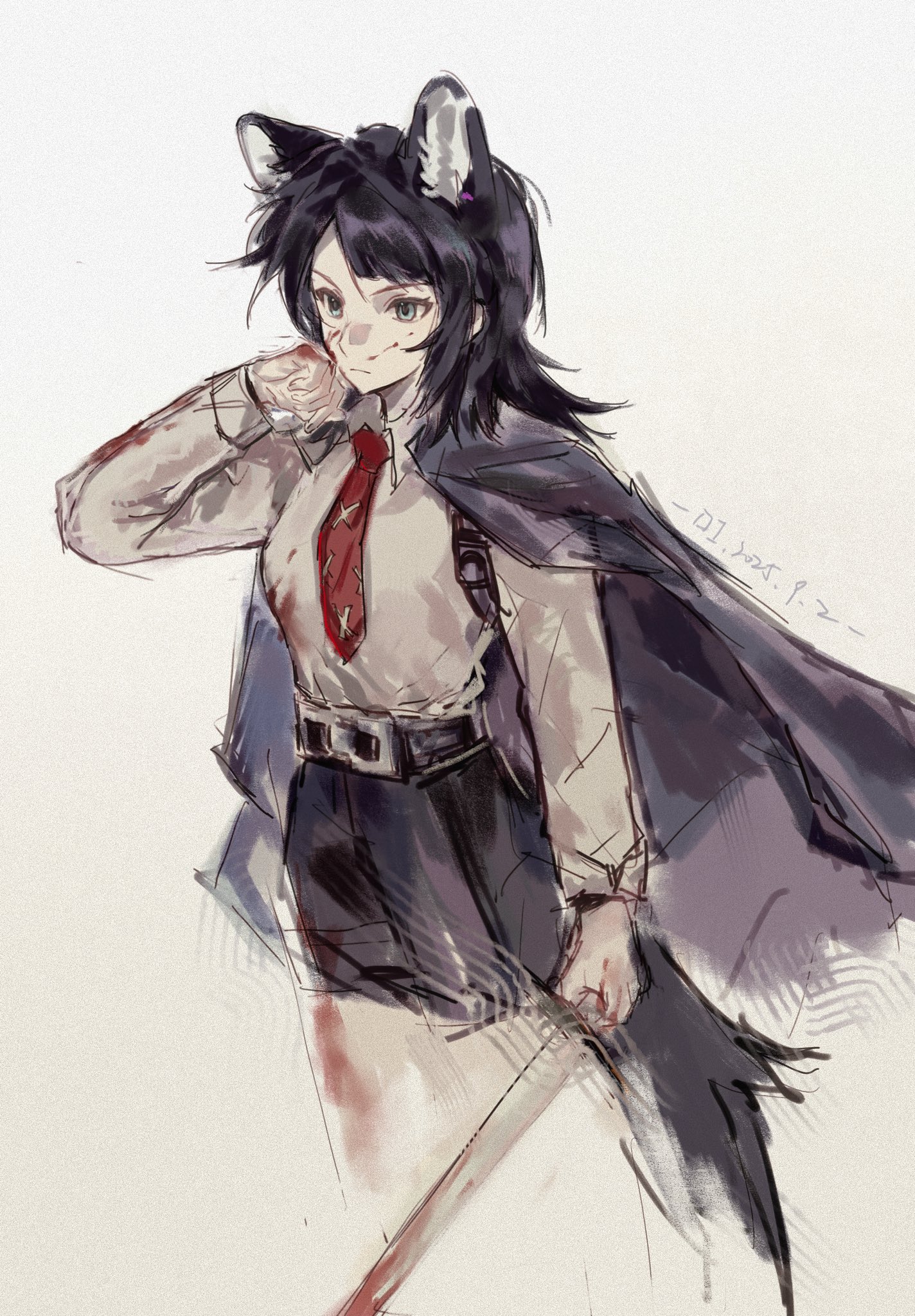 yahata umiri, arknights, bang dream!, bang dream! it's mygo!!!!!, commentary, hashtag-only commentary, highres, 01apathy, 1girl, animal ears, black hair, black jacket, black shorts, blood, blood on clothes, blood on face, closed mouth, holding, holding sword, holding weapon, jacket, jacket on shoulders, necktie, red necktie, shirt, shorts, solo, sword, tail, weapon, white shirt, wolf ears, wolf girl, wolf tail, yahata umiri (moonlight executioner)