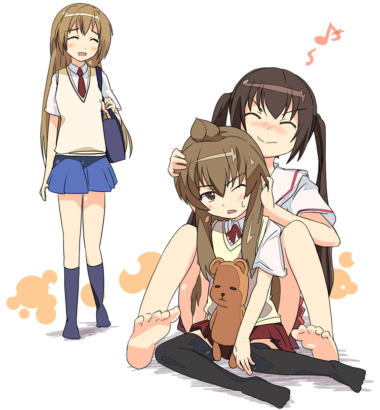 ixy, fujioka-kuma (minami-ke), minami chiaki, minami haruka, minami kana, minami-ke, 00s, 3girls, ahoge, barefoot, brown eyes, brown hair, closed eyes, feet, multiple girls, school uniform, serafuku, socks, soles, sweater vest, toes, vest
