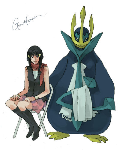 taoru (t kiji), dawn (pokemon), empoleon, nintendo, pokemon, lowres, 1girl, artist name, black hair, chair, gen 4 pokemon, pokemon (creature), scarf, simple background, sitting, skirt, smile, waiter, white background