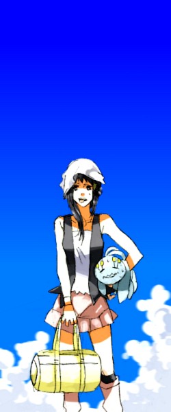 dawn (pokemon), manaphy, nintendo, pokemon, 00s, 1girl, bag, black hair, carrying, cloud, day, duffel bag, gen 4 pokemon, holding, legendary pokemon, long hair, mythical pokemon, pokemon (creature), skirt, sky, standing