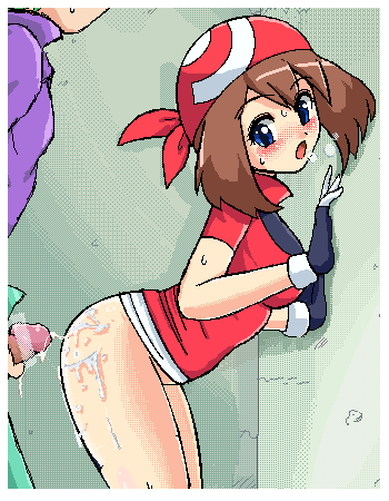 konpeto, drew (pokemon), may (pokemon), nintendo, pokemon, pokemon (anime), pokemon rse (anime), wall, lowres, 1boy, 1girl, aftersex, ass, bandana, blue eyes, blush, bottomless, brown hair, bukkake, censored, cum, cum on ass, cum on body, cum on lower body, dithering, ejaculation, gloves, hetero, oekaki, penis, sex, skirt, white skirt