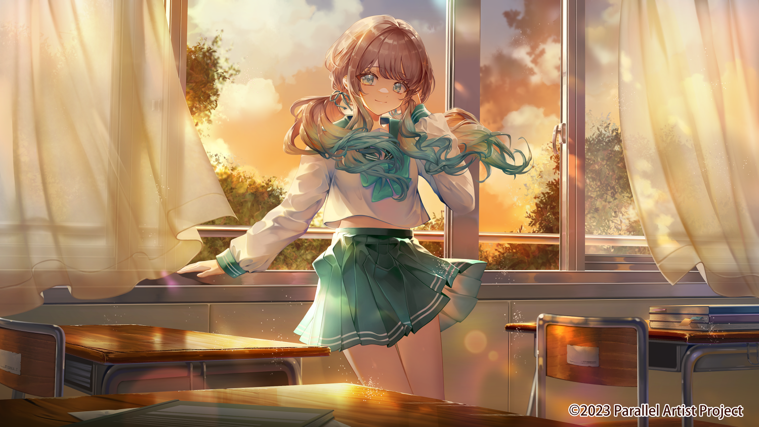 saihate (d3), commentary request, official art, 1girl, blue eyes, blue hair, blue sailor collar, blue skirt, brown hair, brown sky, chair, cloud, curtains, desk, floating hair, gradient hair, hand up, indoors, long hair, long sleeves, looking at viewer, low twintails, multicolored hair, parallel artist project, pleated skirt, puffy long sleeves, puffy sleeves, sailor collar, school chair, school desk, school uniform, serafuku, shirt, skirt, sleeves past wrists, solo, sunset, tokiwagi hata, transparent, twintails, very long hair, virtual youtuber, white shirt, window