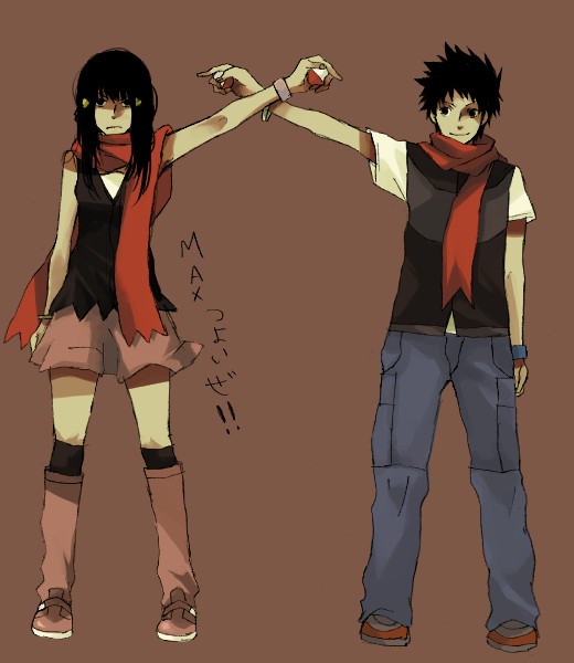 taoru (t kiji), dawn (pokemon), lucas (pokemon), nintendo, pokemon, pokemon dppt, translation request, 00s, 1boy, 1girl, black hair, boots, brown background, full body, holding, holding poke ball, no headwear, pink boots, poke ball, red scarf, scarf, simple background, standing