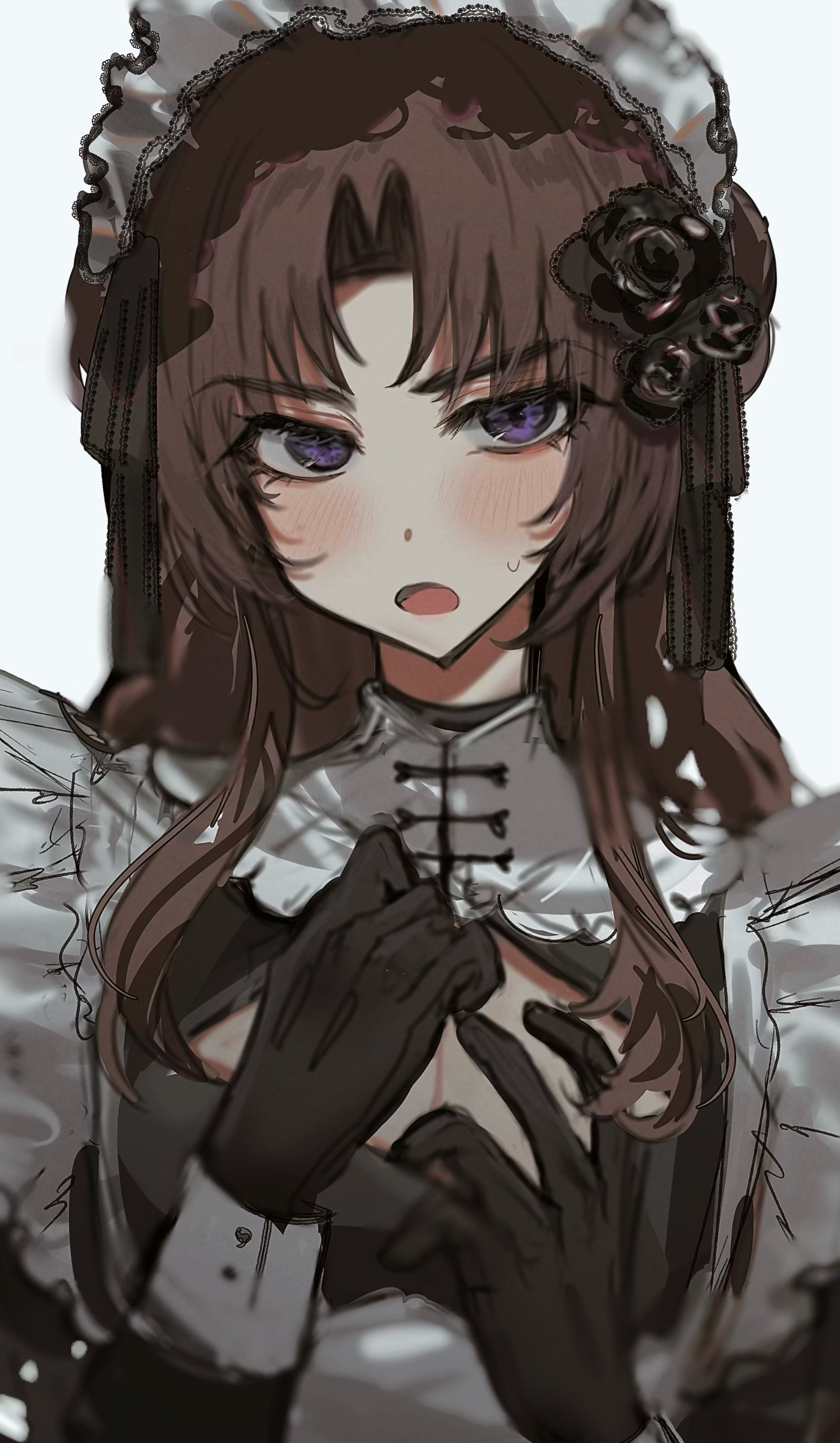imamiya pinoko, original, highres, 1boy, ayase ayato (imamiya pinoko), black gloves, blush, brown hair, cleavage cutout, clothing cutout, crossdressing, crossdressing (mtf), gloves, long hair, maid, maid headdress, male maid, open mouth, purple eyes, solo, sweatdrop, trap, white background