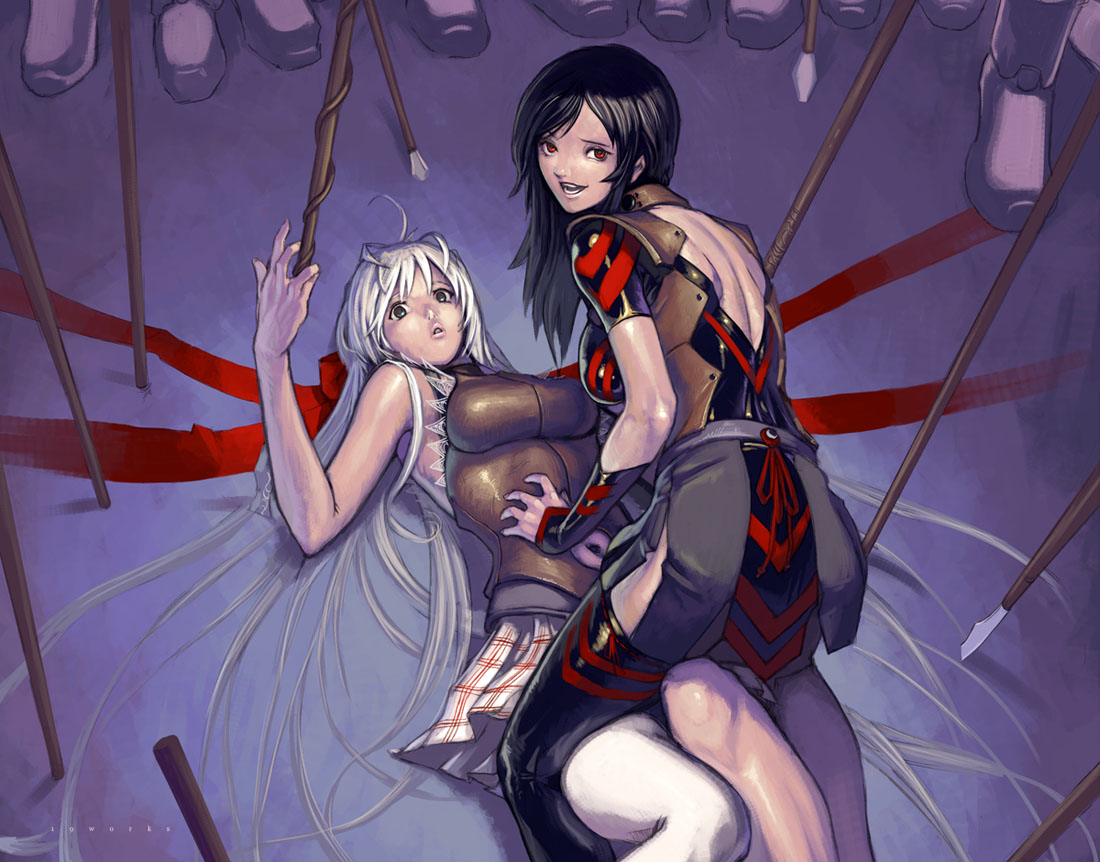 nekkeau, original, 2girls, ahoge, black hair, gloves, long hair, lying, multiple girls, navel, polearm, red eyes, skirt, thighhighs, weapon, white hair