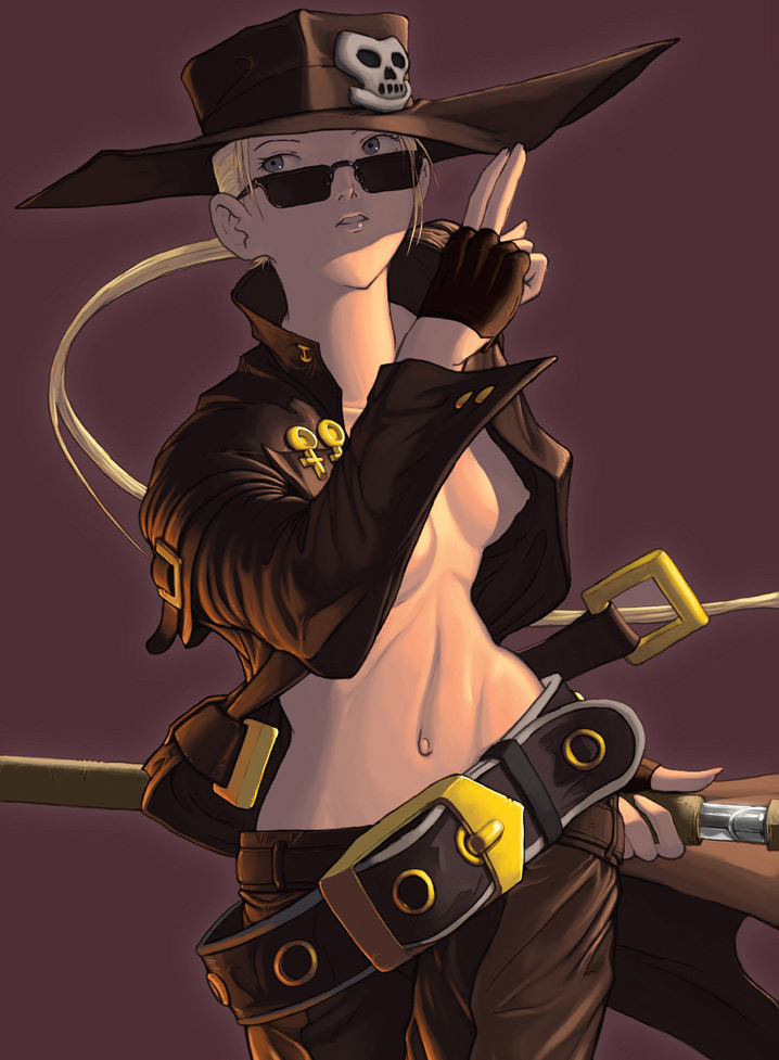 nekkeau, johnny (guilty gear), arc system works, guilty gear, 1girl, belt, blonde hair, breasts, female focus, genderswap, genderswap (mtf), gloves, hat, katana, long hair, looking over eyewear, looking over glasses, medium breasts, midriff, navel, nipple slip, nipples, ponytail, sideboob, solo, sunglasses, sword, tinted eyewear, weapon