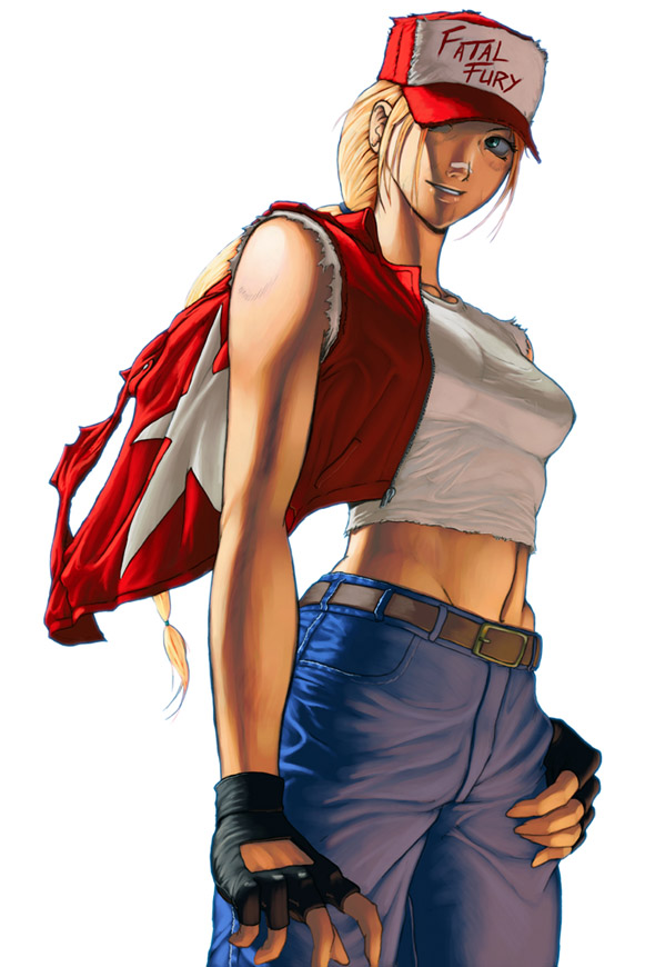 nekkeau, terry bogard, fatal fury, snk, the king of fighters, gender request, 1girl, aqua eyes, belt, blonde hair, breasts, denim, female focus, fingerless gloves, genderswap, gloves, hat, jeans, midriff, pants, ponytail, redneck, solo