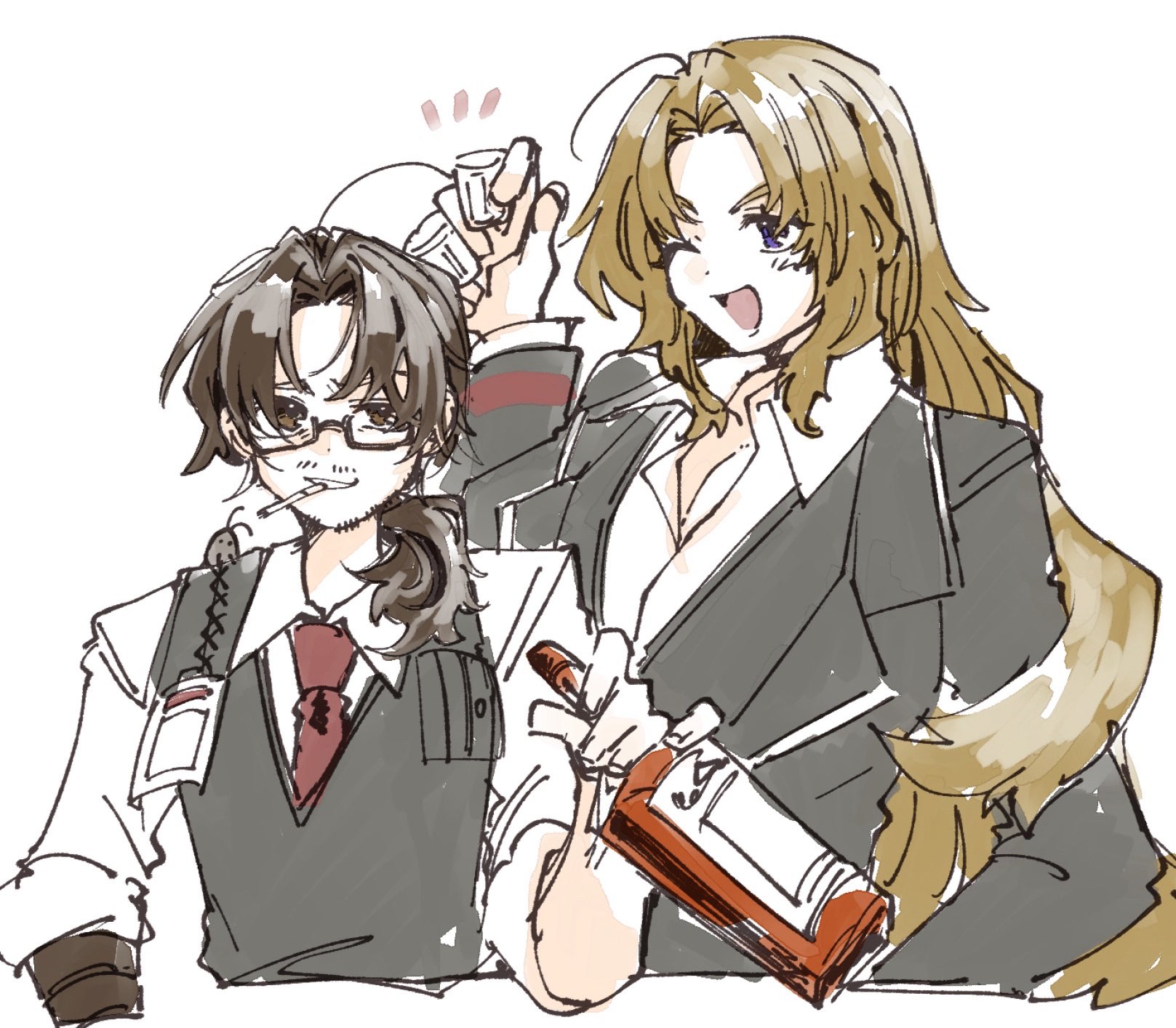 nantekottawo!!, gregor (project moon), rodion (project moon), limbus company, project moon, highres, 1boy, 1girl, ahoge, black vest, blue eyes, bottle, brown eyes, brown hair, collared shirt, holding, holding bottle, long sleeves, necktie, one eye closed, open mouth, red necktie, shirt, sidelocks, simple background, smile, vest, white background, white shirt