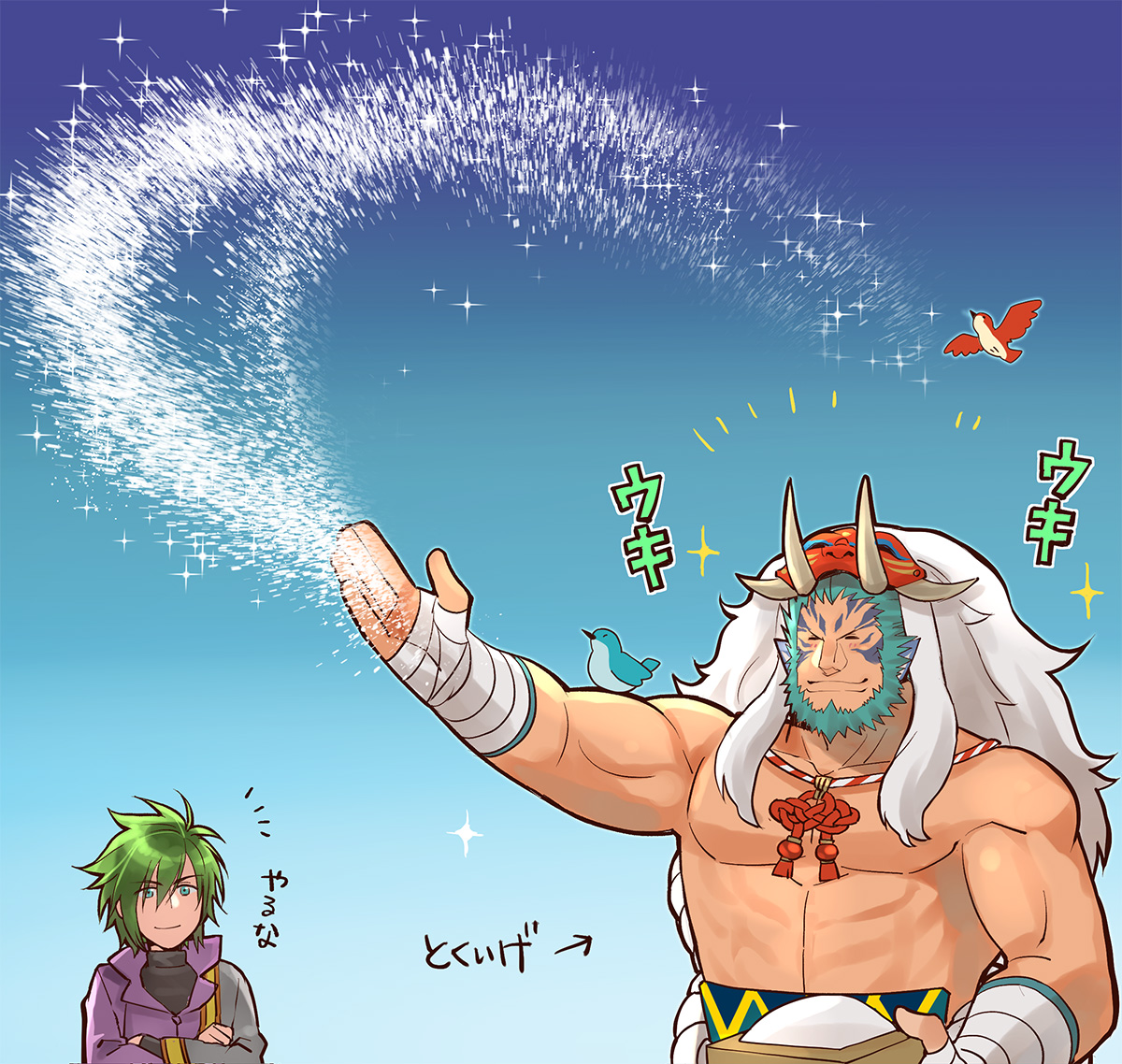 homa kura, mordecai (fire emblem), mordecai (flame) (fire emblem), stefan (fire emblem), fire emblem, fire emblem: radiant dawn, fire emblem heroes, nintendo, commentary request, translation request, 2boys, animal on arm, bird, blue hair, closed eyes, crossed arms, green eyes, green hair, male focus, mask, mask on head, multiple boys, muscular, muscular male, salt, short hair, topless male
