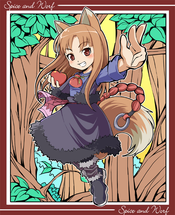 kubocha, holo, spice and wolf, 00s, 1girl, animal ears, apple, brown hair, female focus, food, fruit, holding, holding food, holding fruit, long hair, red eyes, solo, tail, wolf ears, wolf tail