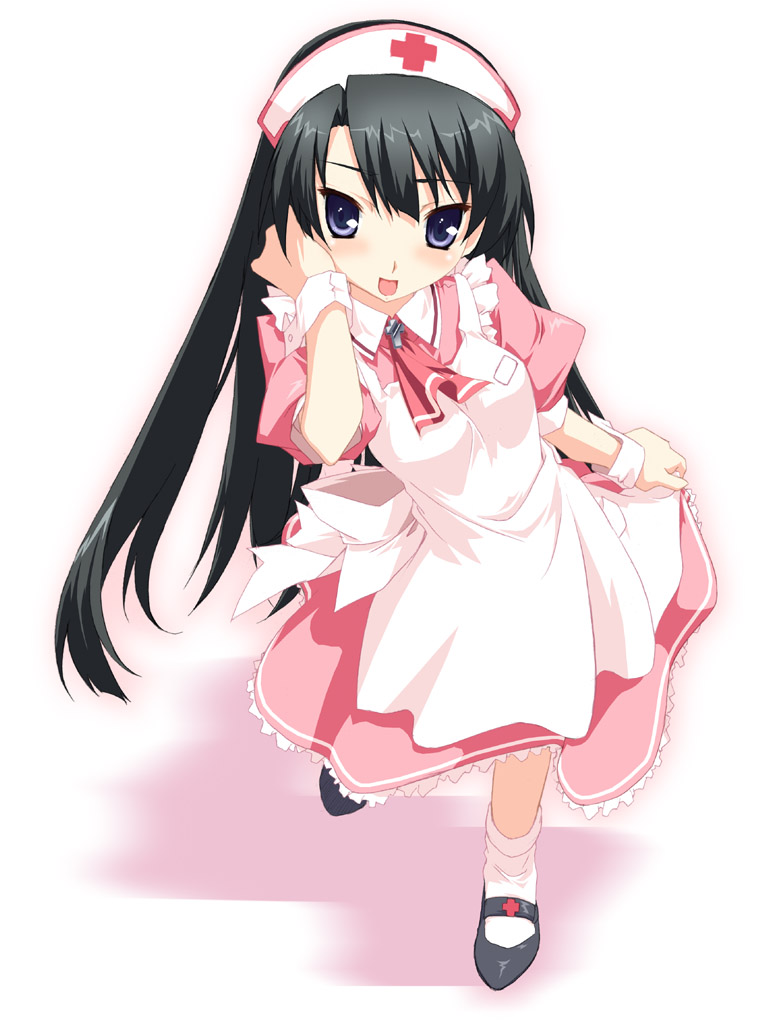 oyamada musshu, yamano sachi, original, 1girl, :d, apron, black hair, blue eyes, blue hair, cross, curtsey, female focus, greek cross, hat, latin cross, long hair, looking at viewer, matching hair/eyes, necktie, nurse cap, open mouth, red cross, simple background, skirt hold, smile, solo