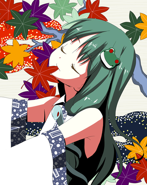 b-ginga, kochiya sanae, touhou, 1girl, armpits, closed eyes, detached sleeves, female focus, frog hair ornament, green hair, hair ornament, leaf, long hair, maple leaf, mouth hold, snake, solo