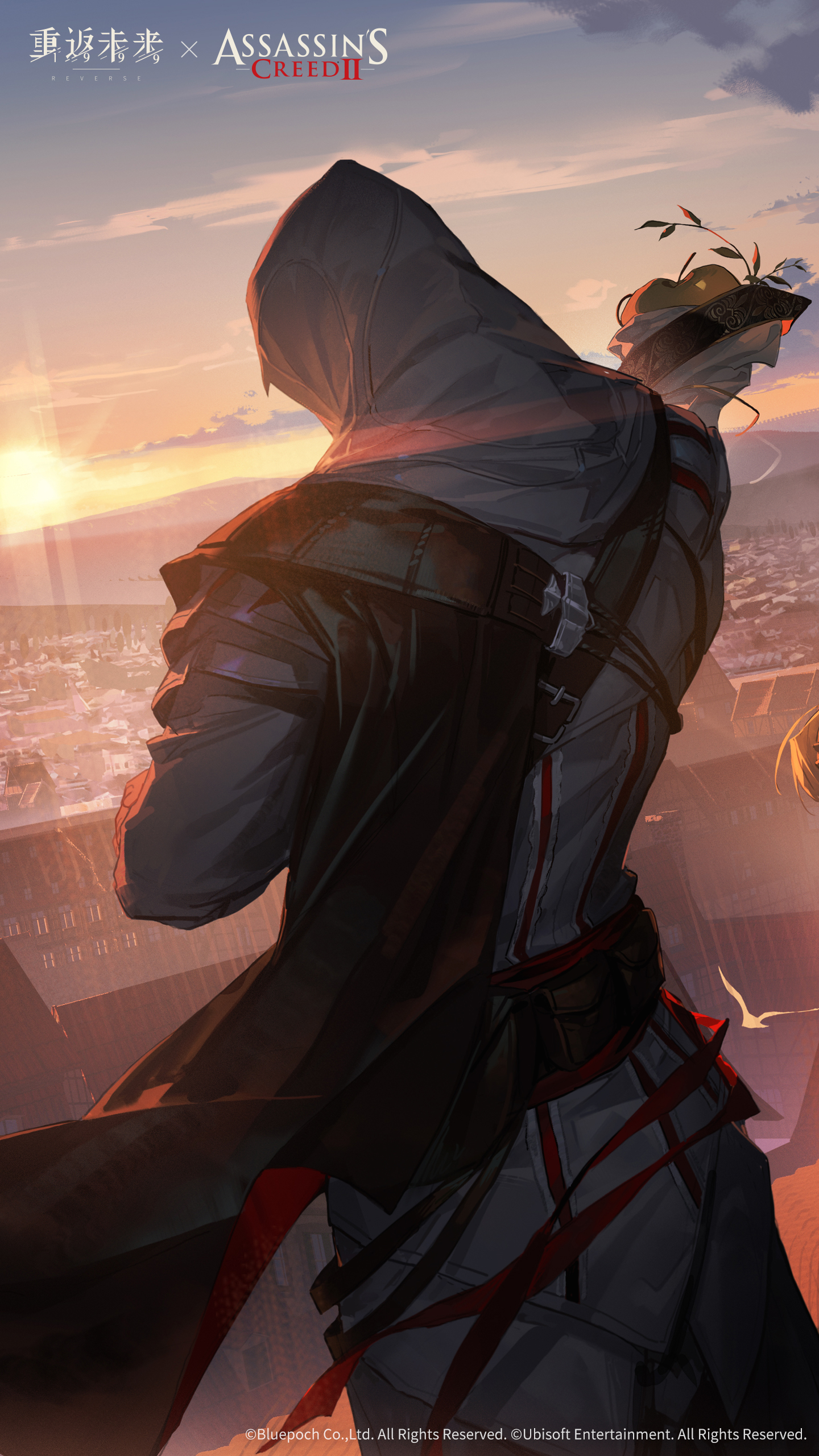 apple (reverse:1999), ezio auditore da firenze, assassin's creed (series), assassin's creed ii, reverse:1999, absurdres, highres, official art, official wallpaper, 1boy, apple, apple (the fruit of wisdom) (reverse:1999), backlighting, city, cloud, copyright name, copyright notice, evening, facing away, food, from behind, fruit, golden apple, gradient sky, hood, hood up, logo, male focus, outdoors, shirt, side cape, sky, solo, sun, sunset, white shirt