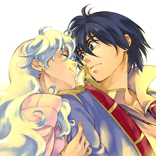 akutsu (yuumi), nia teppelin, simon (ttgl), tengen toppa gurren lagann, lowres, 00s, 1boy, 1girl, blue hair, couple, hetero, multicolored hair, smile