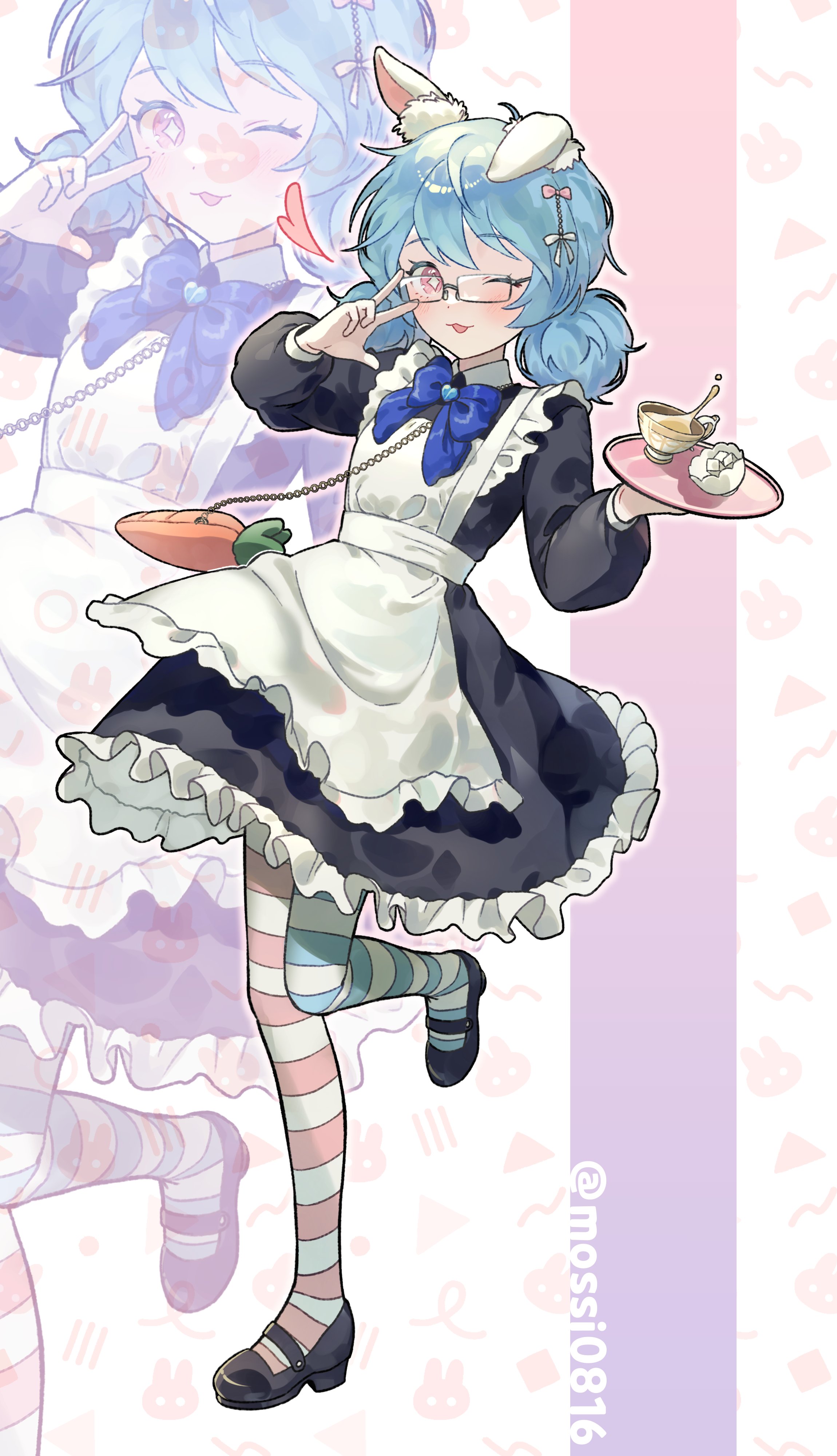 mossi (mossi0816), zombie high school, absurdres, highres, korean commentary, 1girl, alternate costume, animal ears, apron, asymmetrical legwear, black dress, blue bow, blue bowtie, blue hair, bow, bowtie, cup, dress, frilled apron, frilled dress, frills, full body, glasses, heart, holding, long sleeves, looking at viewer, low twintails, maid, maid apron, maid headdress, mismatched legwear, mj (zombie high school), one eye closed, open mouth, pantyhose, pink eyes, plate, puffy sleeves, rabbit ears, shoes, short twintails, smile, solo, standing, standing on one leg, striped clothes, striped pantyhose, striped thighhighs, thighhighs, tongue, tongue out, tray, twintails, twitter username, v, v over eye, white apron, zoom layer