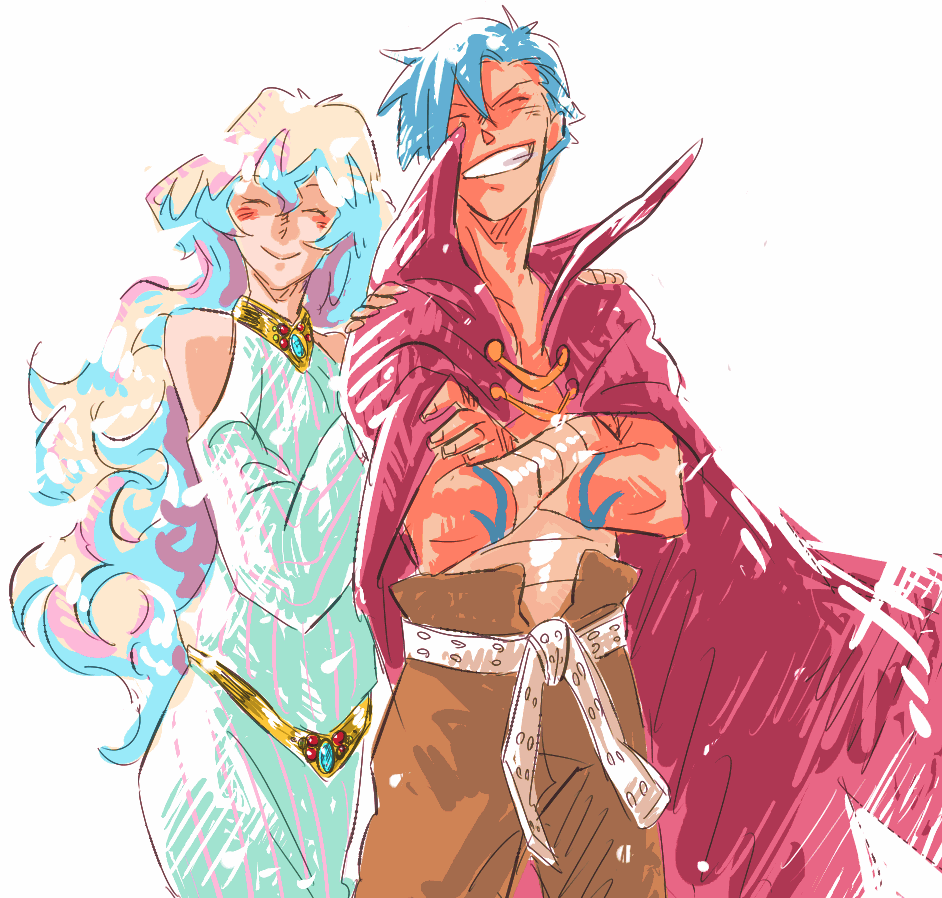 katoh, katou (hyaena), kamina (ttgl), nia teppelin, tengen toppa gurren lagann, non-web source, 00s, 1boy, 1girl, :d, ^ ^, belt, blonde hair, blue dress, blue hair, buckle, cape, closed eyes, collarbone, crossed arms, curly hair, dress, grin, long sleeves, looking at viewer, open mouth, smile, tattoo, teeth
