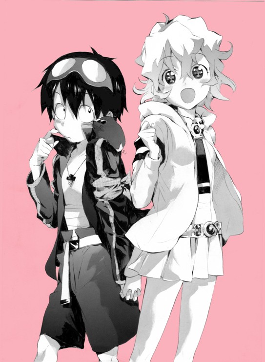 nia teppelin, simon (ttgl), tengen toppa gurren lagann, non-web source, 00s, 1boy, 1girl, :d, belt, collarbone, cowboy shot, curly hair, drill, goggles, goggles on head, hetero, holding hands, jacket, jewelry, long sleeves, looking at viewer, monochrome, necklace, open clothes, open jacket, open mouth, pink background, short hair, shorts, simple background, smile, standing