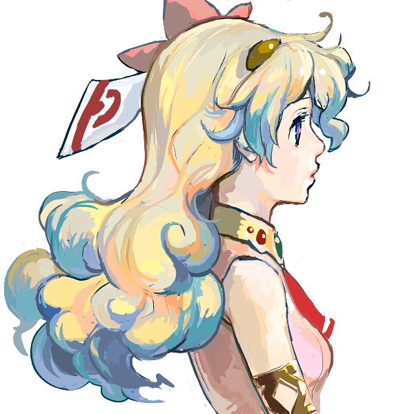 nia teppelin, tengen toppa gurren lagann, non-web source, 00s, 1girl, armlet, cross-shaped pupils, female focus, from side, gold trim, hair ornament, jewelry, multicolored hair, profile, simple background, solo, symbol-shaped pupils, two-tone hair, upper body, white background