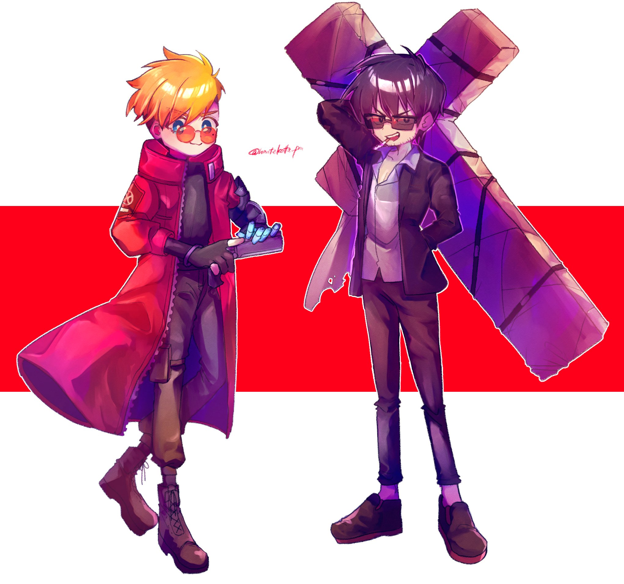 nantekottawo!!, nicholas d. wolfwood, vash the stampede, trigun, trigun stampede, highres, 2boys, :3, arm up, black jacket, black pants, black shoes, blonde hair, blue eyes, boots, brown boots, brown pants, cigarette, closed mouth, coat, collared shirt, cross, gun, hand in pocket, holding, holding gun, holding weapon, jacket, looking at viewer, male focus, multiple boys, pants, red coat, shirt, shoes, simple background, smile, sunglasses, weapon, white background, white shirt