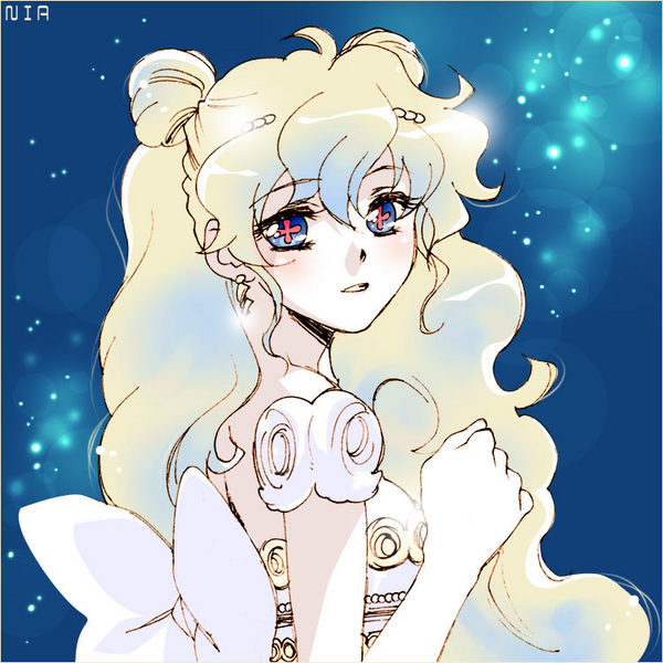 yukimitsuki, nia teppelin, princess serenity, tsukino usagi, bishoujo senshi sailor moon, tengen toppa gurren lagann, non-web source, + +, 1girl, :d, ahoge, bare shoulders, blonde hair, blue background, blue hair, blush, bow, character name, cosplay, cross-shaped pupils, double bun, dress, female focus, from side, gradient hair, hair between eyes, hair bun, large bow, lens flare, long hair, looking at viewer, looking to the side, multicolored hair, open mouth, parody, princess serenity (cosplay), shoulder pads, simple background, smile, solo, strapless, strapless dress, symbol-shaped pupils, tsukino usagi (cosplay), upper body, white bow, white dress
