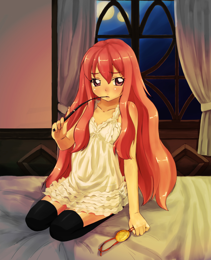enueichi, louise francoise le blanc de la valliere, zero no tsukaima, bad id, bad pixiv id, 00s, 1girl, bed, black thighhighs, blush, chemise, female focus, frilled shirt, frills, hand up, holding, indoors, lingerie, long hair, moon, mouth hold, night, night sky, on bed, pink hair, seiza, shirt, sitting, sky, solo, thighhighs, underwear, wand, window, zettai ryouiki