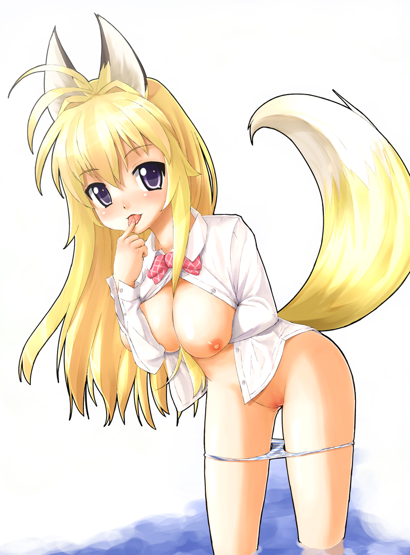 enueichi, minamoto chizuru, kanokon, breast hold, bad id, bad pixiv id, 00s, 1girl, animal ears, blonde hair, bow, bowtie, breasts, breasts squeezed together, female focus, finger to mouth, fox ears, large breasts, long hair, open clothes, open shirt, panties, panty pull, purple eyes, shirt, solo, tail, underwear