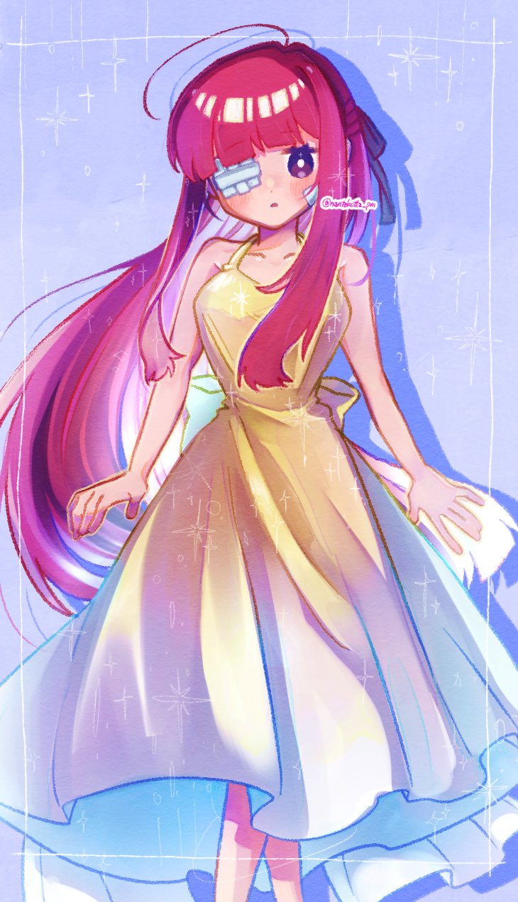 nantekottawo!!, yuri (project moon), limbus company, project moon, highres, 1girl, ahoge, black ribbon, breasts, brown eyes, dress, feet out of frame, full body, gauze, gauze over eye, hair ribbon, long hair, looking at viewer, medium breasts, pink hair, ribbon, sidelocks, solo, standing, strapless, strapless dress, very long hair, yellow dress