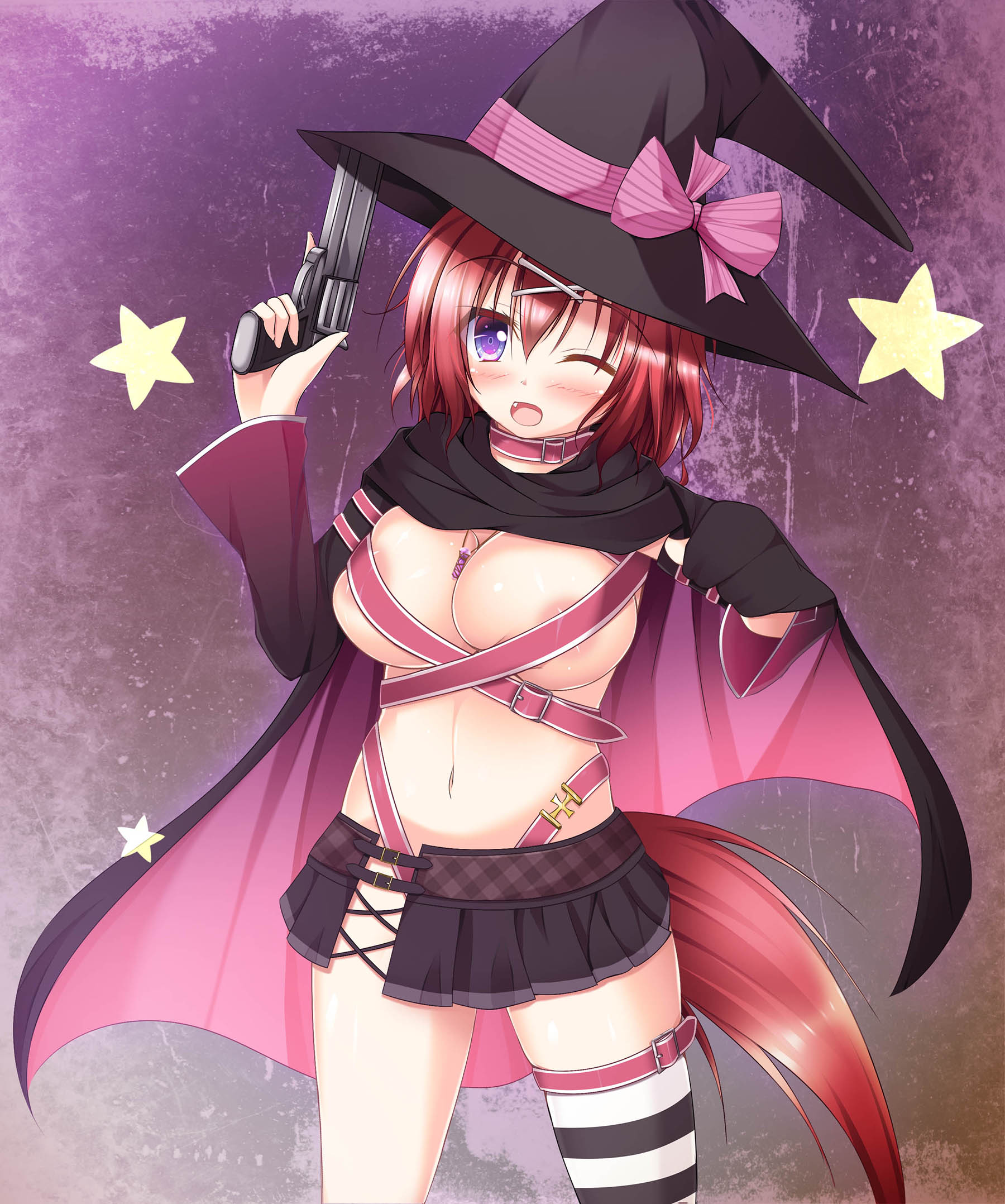 shrimp 3, ayachi nene, masaki gaillard, amairo islenauts, sanoba witch, yuzu-soft, commentary, highres, 1girl, ;d, areola slip, ayachi nene (cosplay), belt, belt bra, belt collar, black cape, black skirt, blush, bow, breasts, cape, cleavage, collar, company connection, cosplay, cowboy shot, detached sleeves, fang, gun, hair between eyes, hair ornament, handgun, hands up, happy, hat, hat bow, holding, holding gun, holding weapon, jewelry, large breasts, long sleeves, looking at viewer, medium hair, miniskirt, navel, necklace, one eye closed, open mouth, pink belt, pink bow, pink cape, pleated skirt, purple background, purple eyes, red hair, shiny skin, single thighhigh, skindentation, skirt, smile, solo, stomach, striped clothes, striped thighhighs, tail, thighhighs, thighs, two-sided cape, two-sided fabric, weapon, wide sleeves, witch, witch hat, wolf girl, wolf tail, x hair ornament, zettai ryouiki