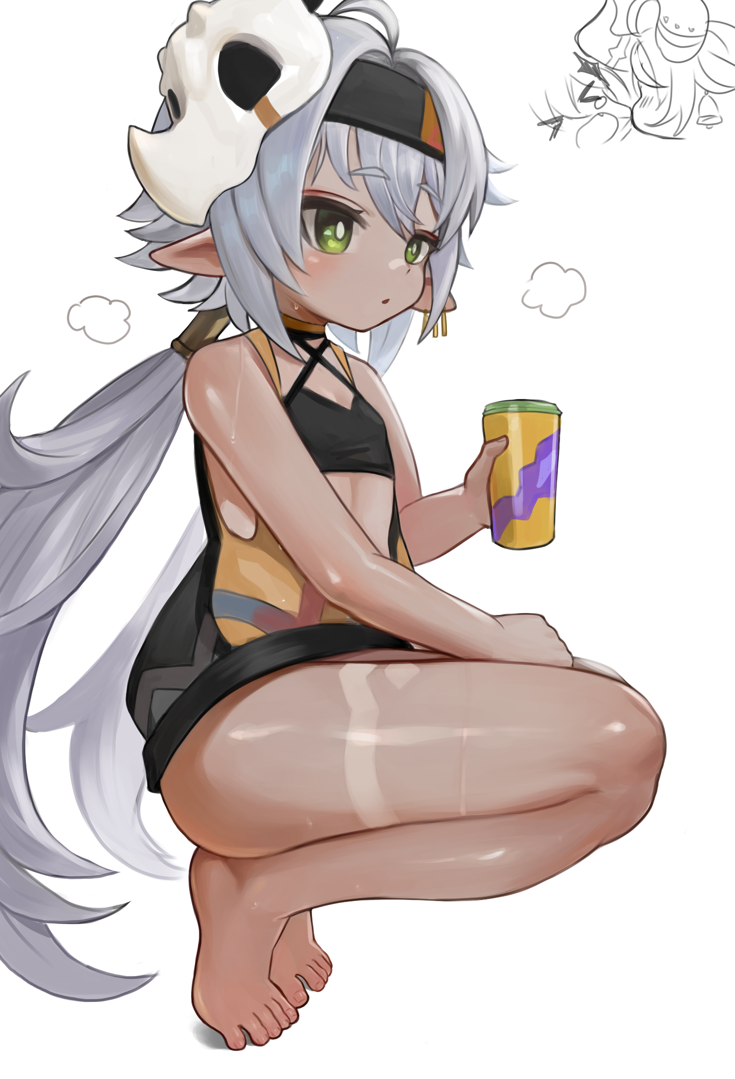 dokomon, iansan (genshin impact), genshin impact, character request, commentary request, highres, korean commentary, > <, ahoge, bare arms, bare shoulders, barefoot, black dress, black hairband, chibi, chibi only, closed eyes, dark-skinned female, dark skin, dress, fang, green eyes, grey hair, hair between eyes, hair intakes, hairband, holding, long hair, low twintails, parted bangs, parted lips, pointy ears, skull on head, sleeveless, sleeveless dress, squatting, tears, tiptoes, twintails, very long hair, white background