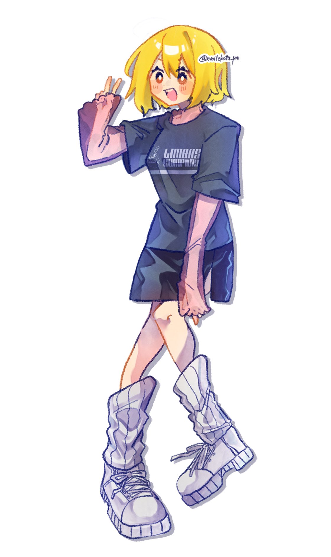 nantekottawo!!, don quixote (project moon), limbus company, project moon, highres, 1girl, black shirt, black skirt, blonde hair, blush, hand up, leg warmers, open mouth, see-through clothes, see-through sleeves, shirt, shoes, short hair, short sleeves, simple background, skirt, smile, sneakers, solo, v, white background, white leg warmers, white shoes, yellow eyes