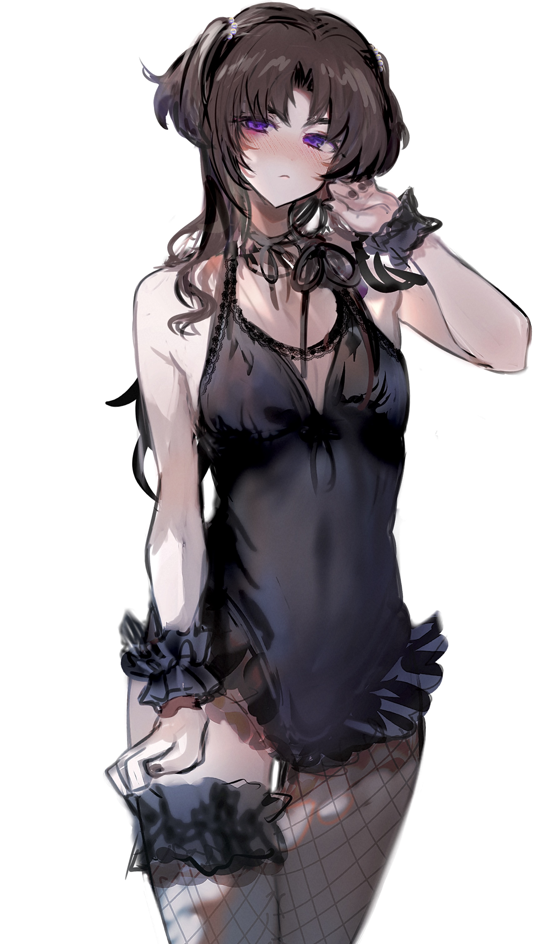 imamiya pinoko, original, absurdres, highres, 1boy, asymmetrical legwear, ayase ayato (imamiya pinoko), black hair, blush, crossdressing, crossdressing (mtf), fishnet pantyhose, fishnet thighhighs, fishnets, frills, leotard, long hair, pantyhose, purple eyes, single thighhigh, solo, thighhighs, trap, two side up, white background