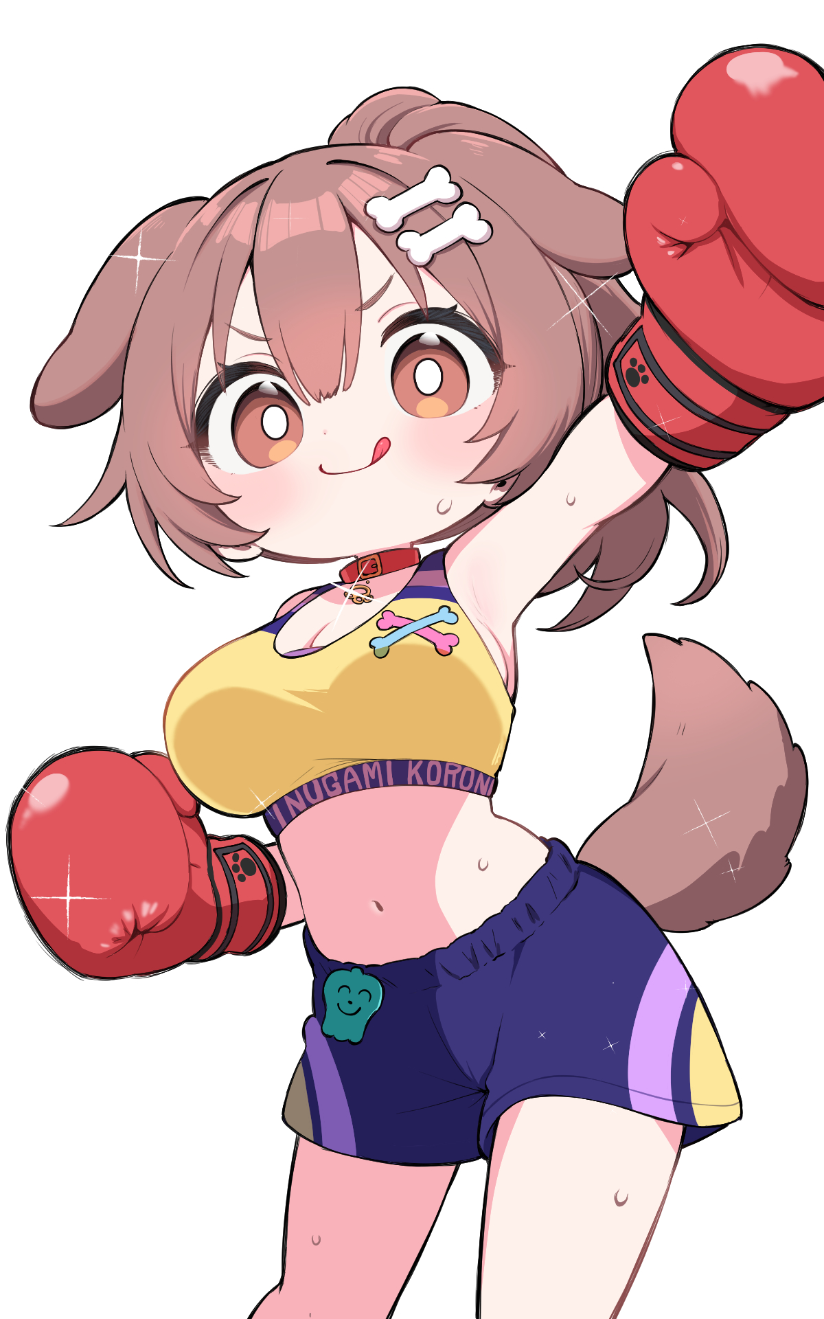 kani bonara, inugami korone, hololive, commentary, highres, symbol-only commentary, 1girl, :q, alternate hairstyle, animal ears, arm up, blue shorts, bone hair ornament, boxing gloves, boxing shorts, breasts, brown eyes, brown hair, cartoon bone, character name, cleavage, clothes writing, collar, cowboy shot, dog ears, dog girl, dog tail, hair ornament, large breasts, long hair, looking at viewer, navel, paw print, ponytail, red collar, shorts, simple background, solo, sports bra, standing, stomach, tail, tongue, tongue out, virtual youtuber, white background, yellow sports bra