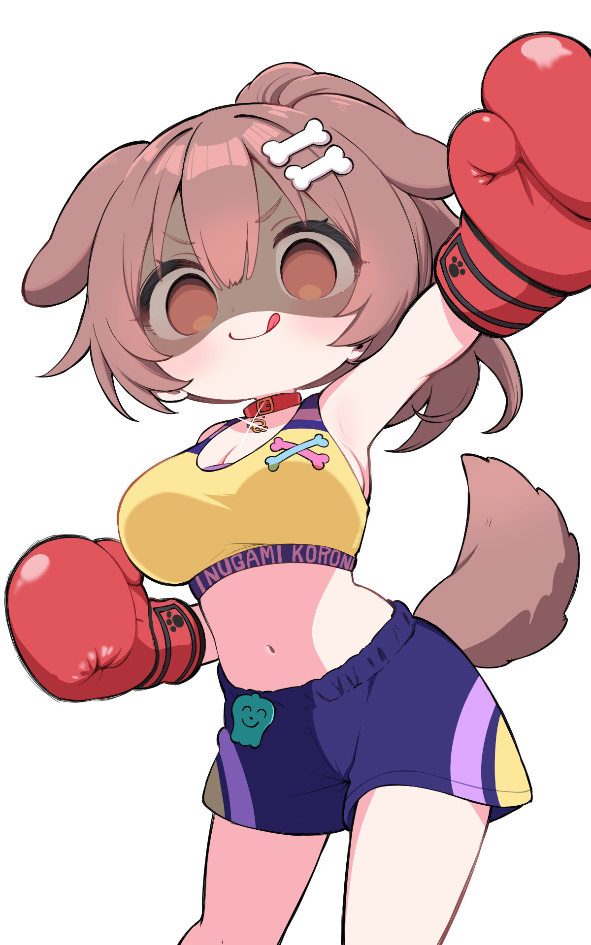 kani bonara, inugami korone, hololive, commentary request, highres, 1girl, :q, alternate hairstyle, animal ears, arm up, blue shorts, bone hair ornament, boxing gloves, boxing shorts, breasts, brown eyes, brown hair, cartoon bone, character name, cleavage, clothes writing, collar, cowboy shot, dog ears, dog girl, dog tail, empty eyes, hair ornament, large breasts, long hair, looking at viewer, navel, paw print, ponytail, red collar, shaded face, shorts, simple background, solo, sports bra, standing, stomach, tail, tongue, tongue out, virtual youtuber, white background, yellow sports bra