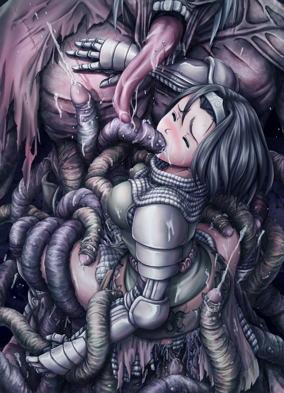 ragnarok online, artist request, anal, armor, black hair, blush, closed eyes, cum, monster, oral, rape, spread legs, tears, teeth, tentacle sex, tentacles, tongue, torn clothes, warrior