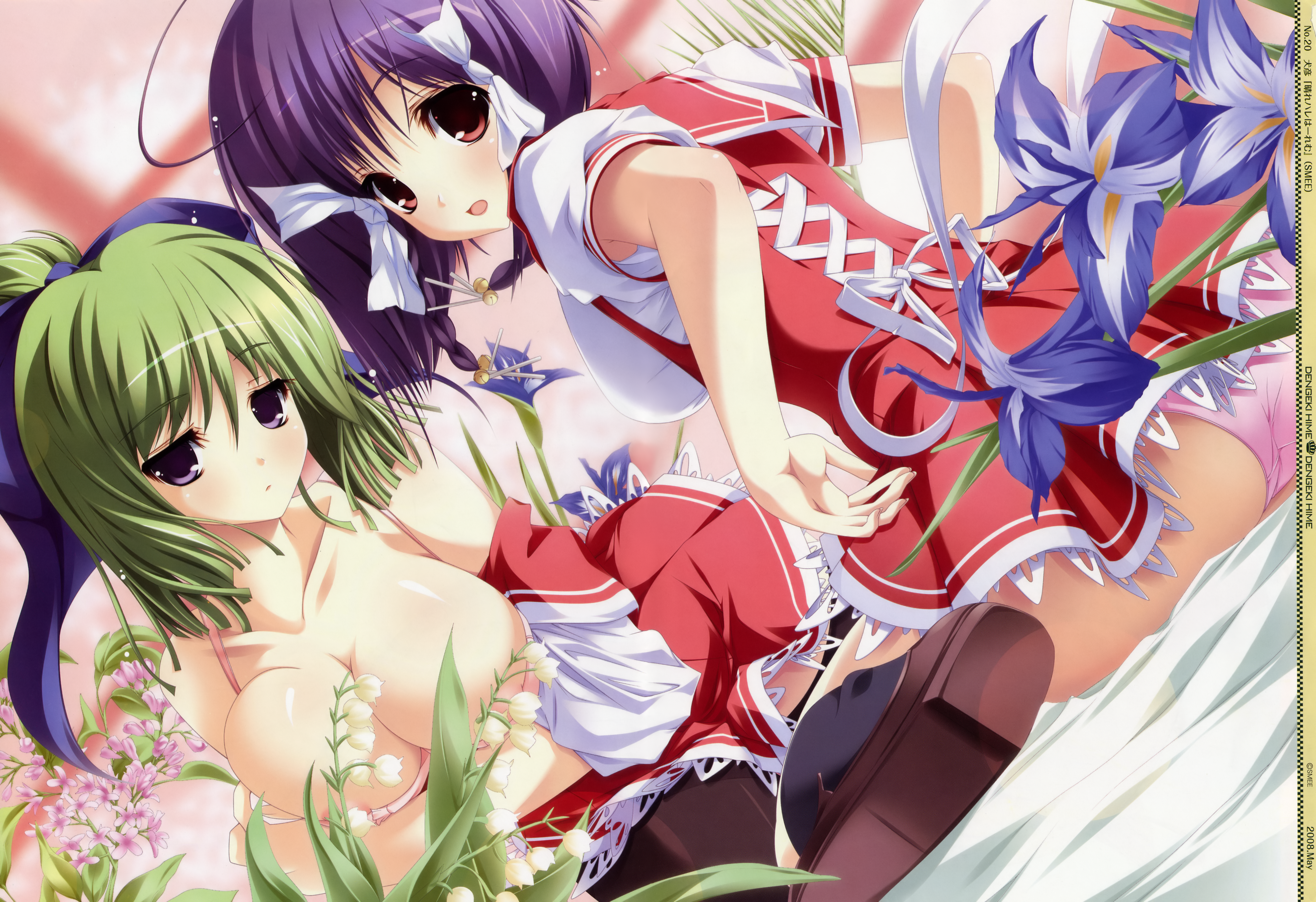 hare hare harem, absurdres, fixed, highres, tagme, 2girls, bra, breasts, female focus, flower, multiple girls, open clothes, open shirt, panties, plant, shirt, sitting, underwear, waitress