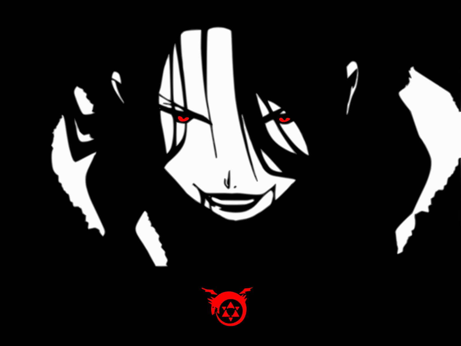 lust (fma), fullmetal alchemist, homunculus, highres, 00s, 1girl, black hair, blood, evil smile, minimalist, monochrome, ouroboros, red eyes, smile