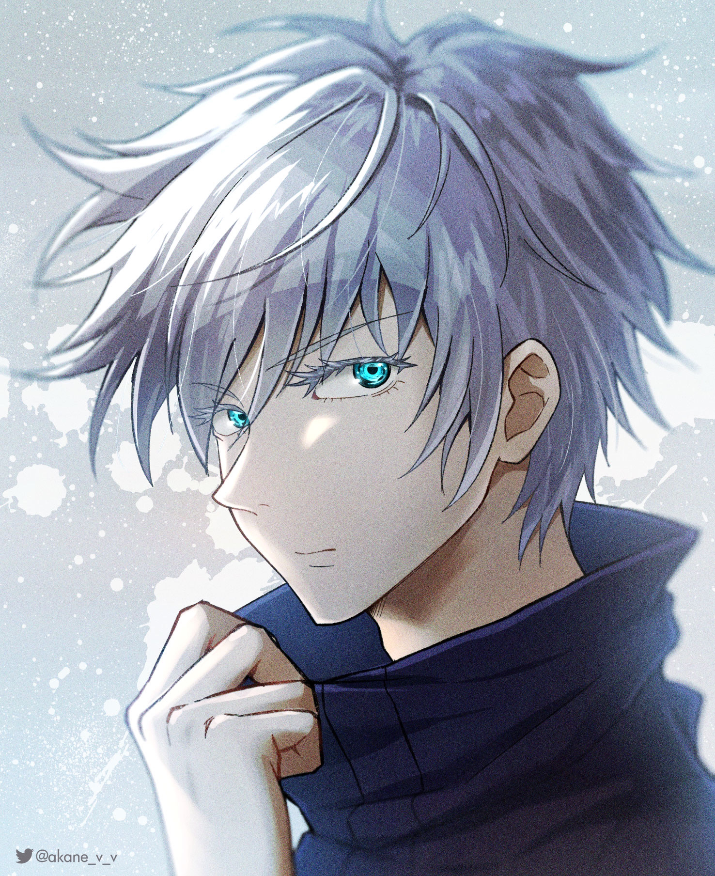 akane (akaneoekaki0928), gojou satoru, jujutsu kaisen, commentary, highres, 1boy, blue eyes, blue jacket, closed mouth, collar tug, collared jacket, grey hair, jacket, looking at viewer, male focus, portrait, short hair, solo, twitter logo, twitter username, very short hair