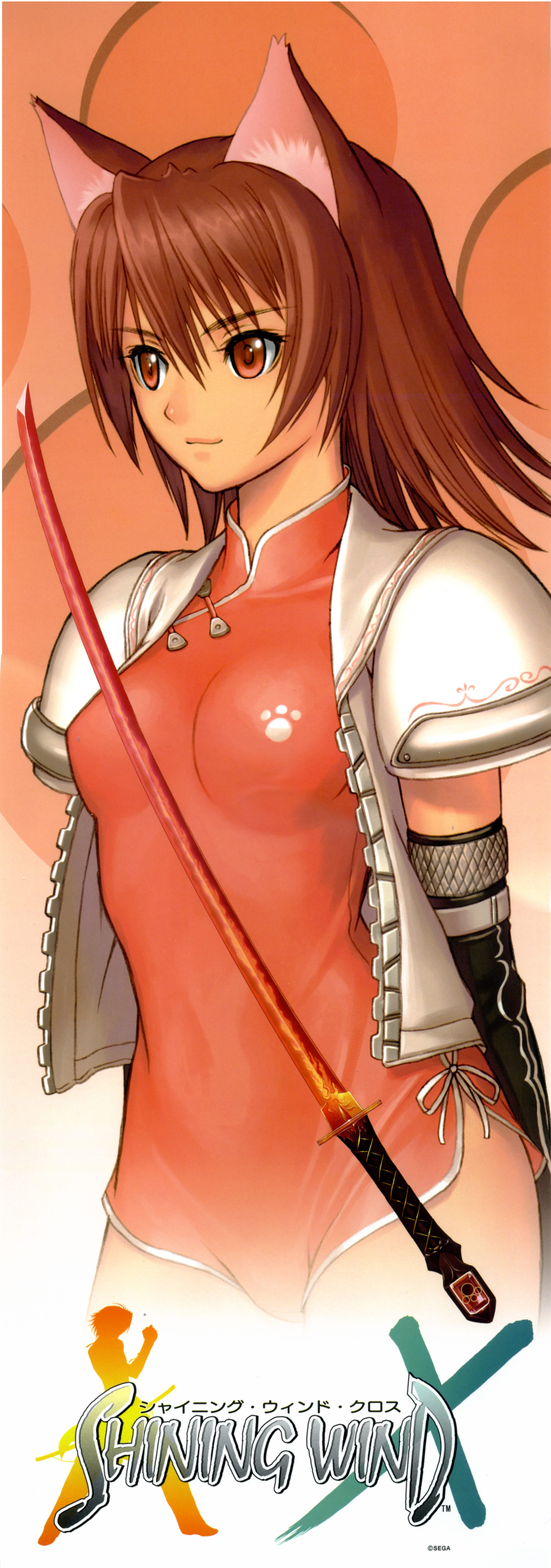 tony taka, mao (shining tears), sega, shining (series), shining wind, absurdres, highres, long image, tagme, tall image, animal ears, color halftone, red hair, sword, weapon