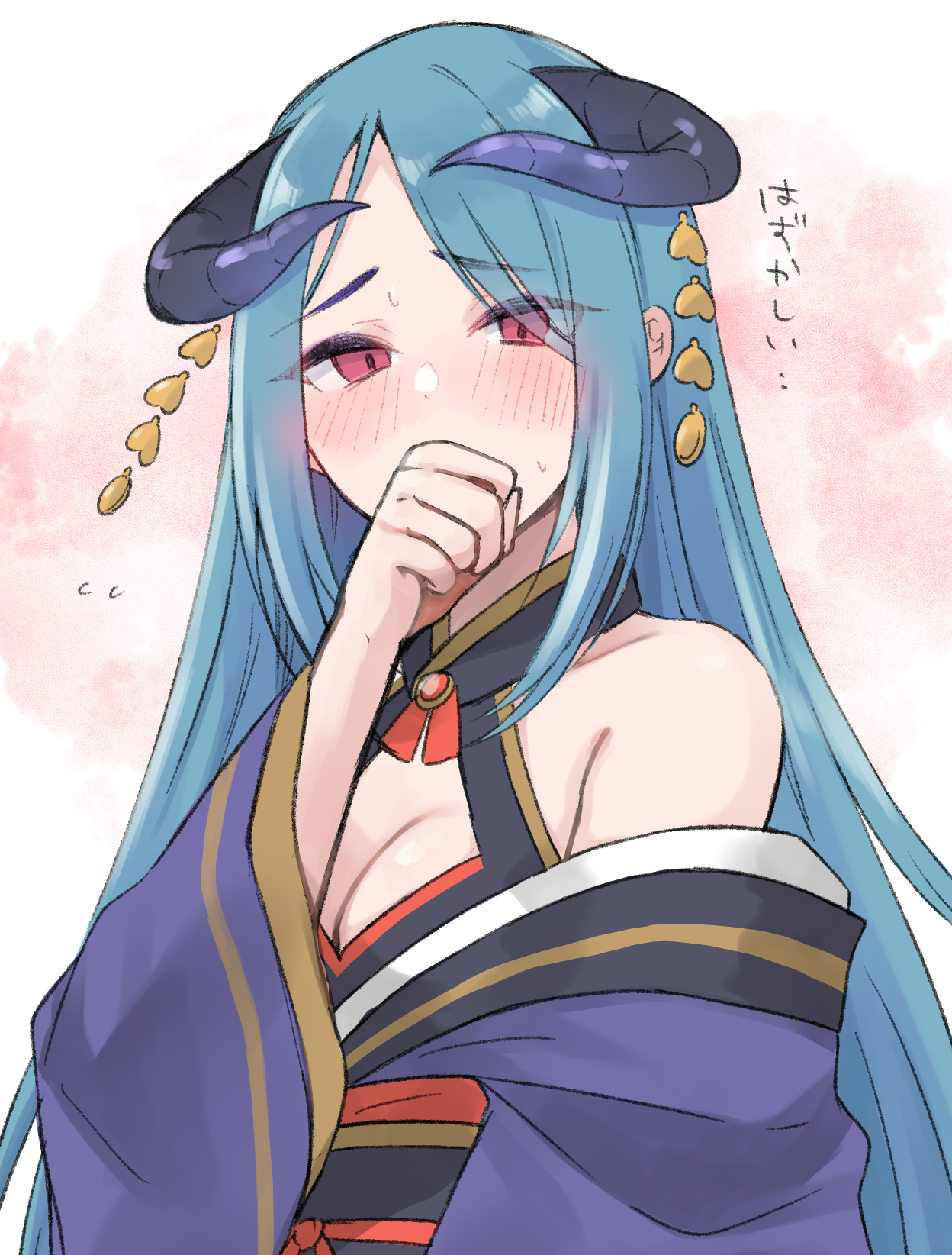 gucchiann, shinatsu (princess connect!), princess connect!, commentary request, highres, translation request, 1girl, blue hair, blue kimono, blush, breasts, cleavage, cleavage cutout, clothing cutout, eyes visible through hair, flying sweatdrops, hand to own mouth, hand up, horns, japanese clothes, kimono, long hair, looking at viewer, medium breasts, obi, off shoulder, parted bangs, red eyes, sash, solo, upper body, very long hair