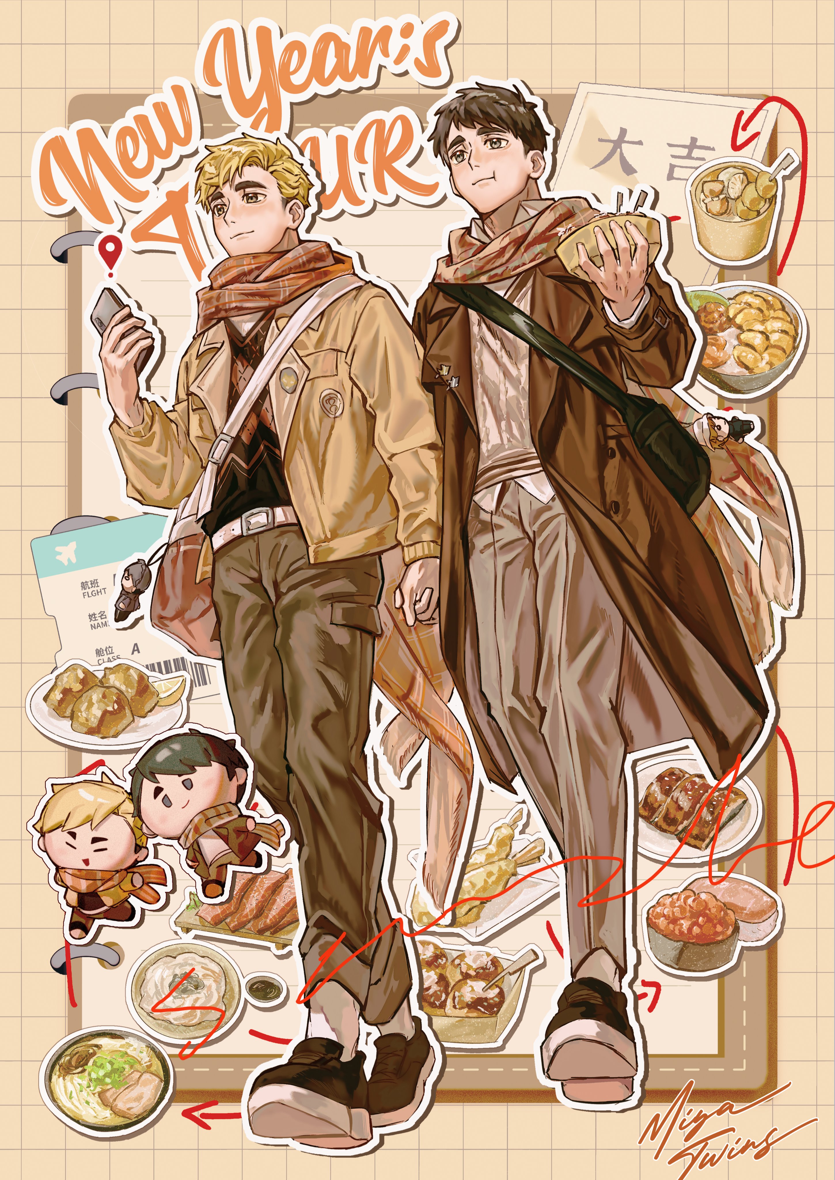 miya atsumu, miya osamu, haikyuu!!, absurdres, commentary, english commentary, highres, 2boys, alternate costume, belt, brothers, brown coat, brown shorts, cellphone, character doll, chibi, closed mouth, coat, doll, eating, food, from below, full body, grey belt, holding, holding food, holding hands, holding phone, light smile, male focus, multiple boys, new year, open clothes, open coat, outline, phone, sand1531848, shorts, siblings, smartphone, socks, white belt, white socks
