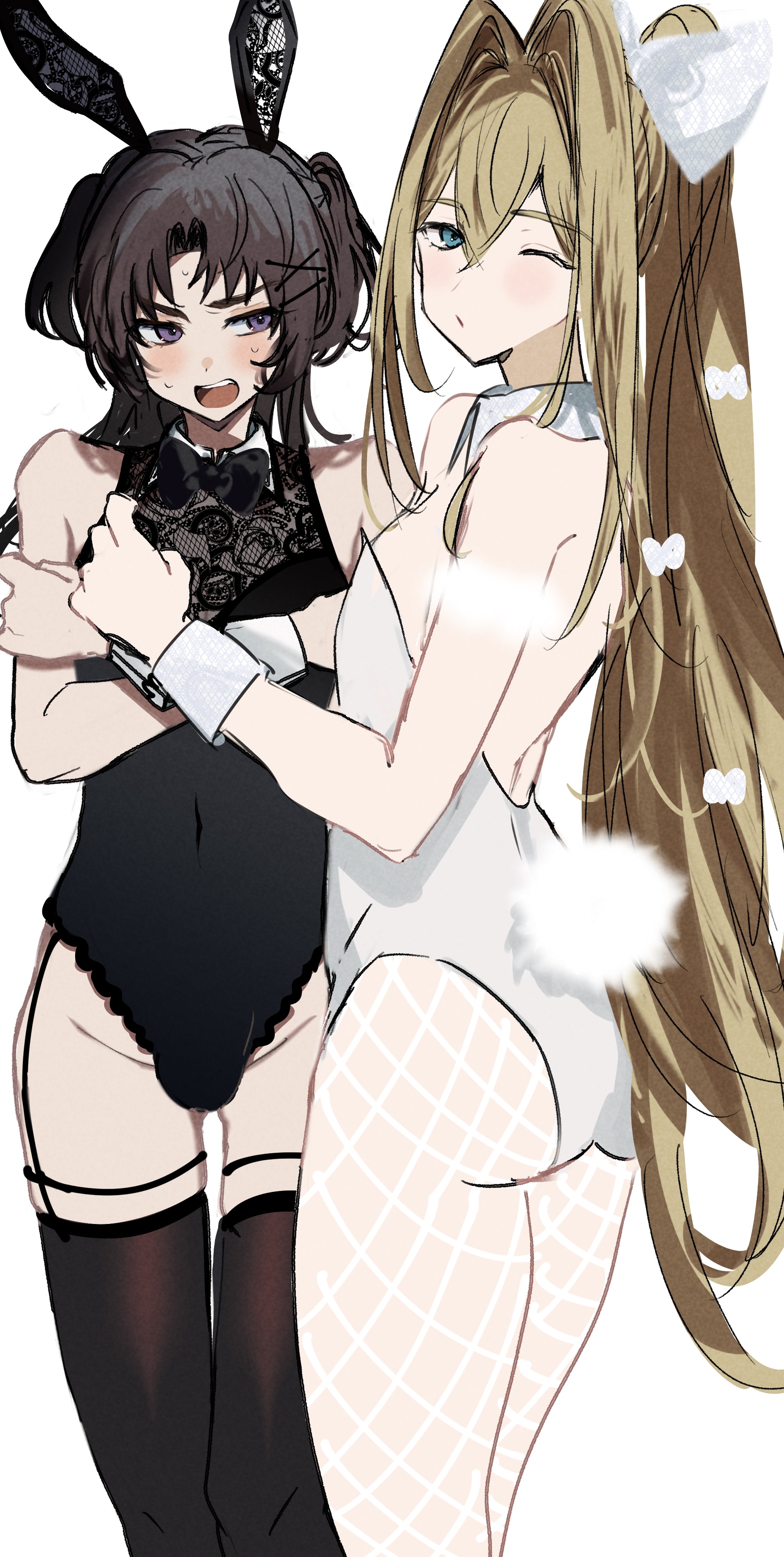 imamiya pinoko, original, absurdres, highres, 2boys, animal ears, ass, ayase ayato (imamiya pinoko), black hair, blonde hair, blue eyes, bow, bulge, crossdressing, crossdressing (mtf), fake animal ears, fishnet pantyhose, fishnets, hair bow, hair intakes, kakage azusa (imamiya pinoko), long hair, male playboy bunny, multiple boys, one eye closed, pantyhose, ponytail, purple eyes, rabbit ears, thighhighs, trap, two side up, white background