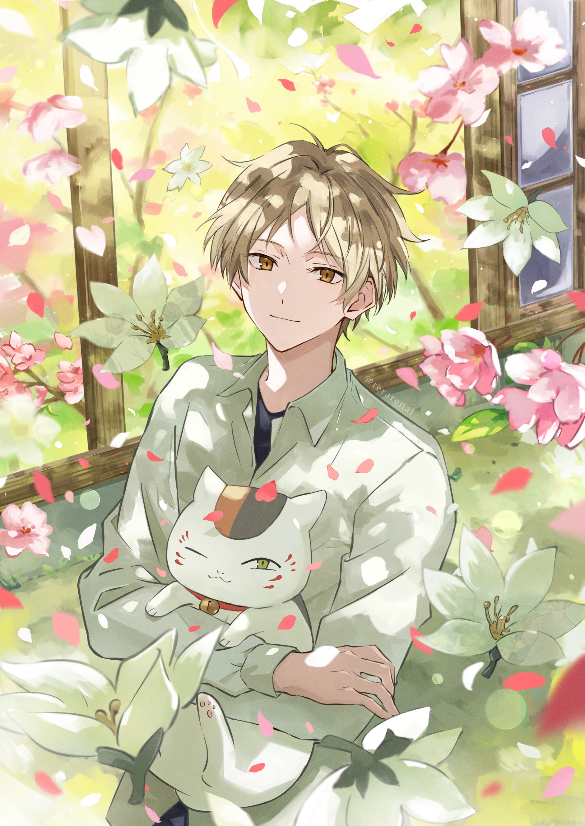 terarenai, natsume takashi, nyanko-sensei, natsume yuujinchou, absurdres, commentary request, highres, 1boy, animal, black shirt, blonde hair, brown eyes, cat, closed mouth, collared shirt, crew neck, crossed arms, dot nose, falling petals, flower, grey eyes, holding, holding animal, long sleeves, male focus, on lap, one eye closed, open collar, parted bangs, pawpads, petals, pink flower, shirt, shouji, sitting, sliding doors, smile, white flower, white shirt, wing collar