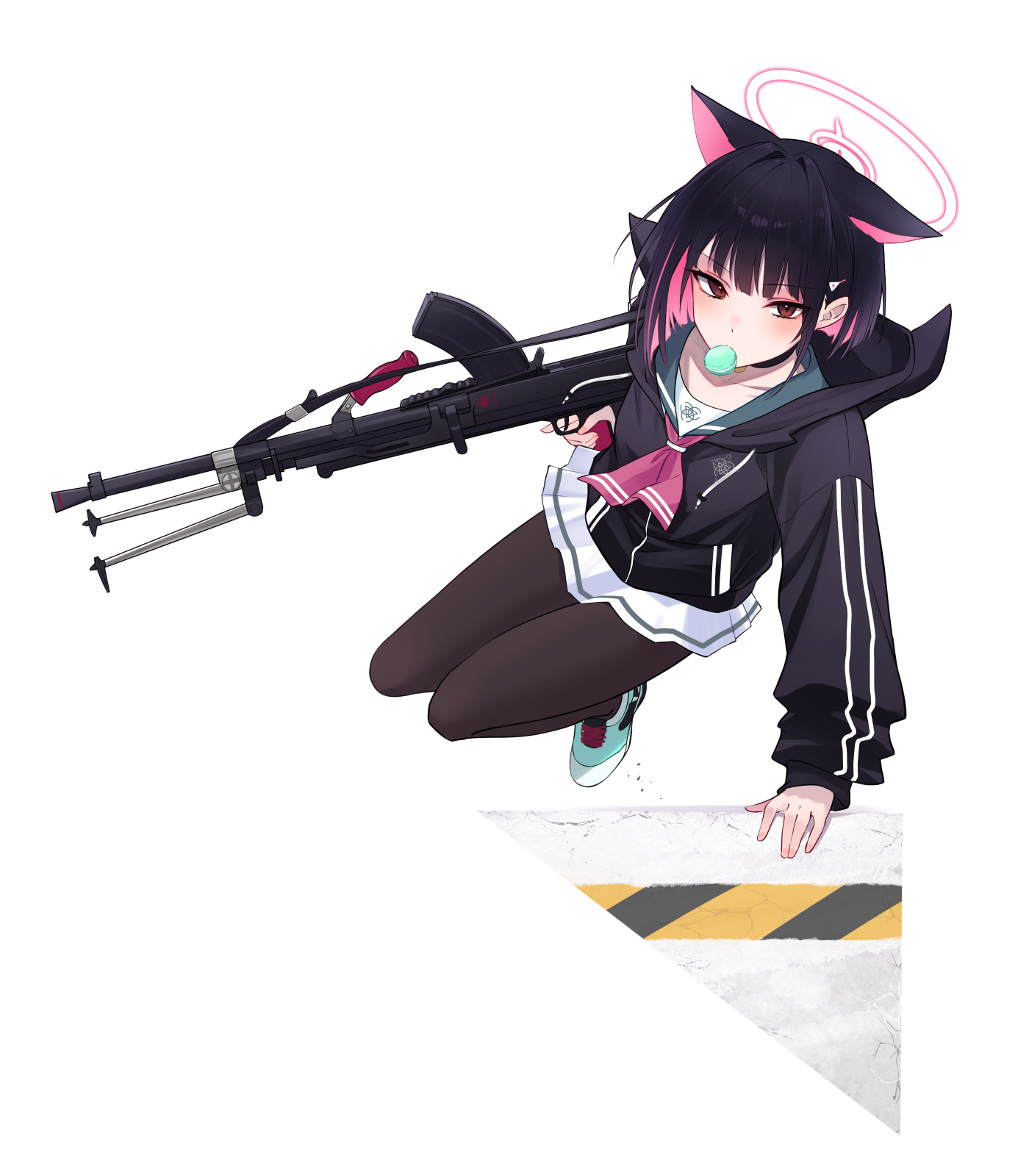 exiadoon, kazusa (blue archive), blue archive, commentary request, highres, 1girl, animal ears, animal hood, arm support, black choker, black hair, black hoodie, black pantyhose, blowing bubble gum, blunt bangs, blunt ends, bob cut, bren lmg, cat choker, cat ears, cat girl, cat hood, chewing gum, choker, colored inner animal ears, colored inner hair, cross-laced shoes, extra ears, full body, green sailor collar, gun, hair ornament, hairclip, halo, holding, holding gun, holding weapon, hood, hood down, hoodie, jumping, light blush, light machine gun, long sleeves, looking at viewer, machine gun, miniskirt, multicolored hair, neckerchief, pantyhose, pink hair, pink halo, pink neckerchief, pleated skirt, red eyes, sailor collar, school uniform, serafuku, shoes, short hair, simple background, skirt, sneakers, solo, weapon, white background, white skirt