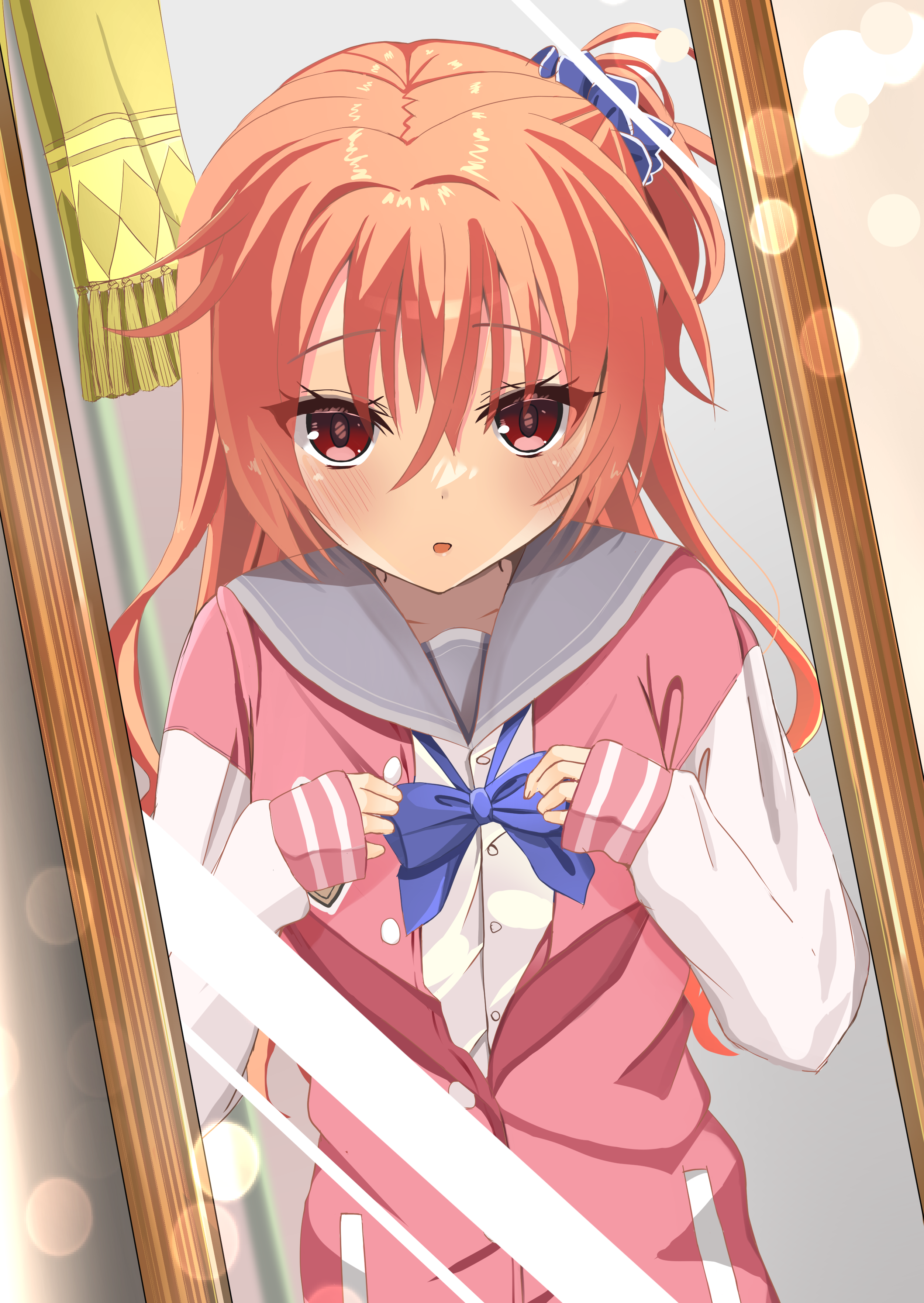 1089oden, inaba meguru, sanoba witch, absurdres, commentary request, highres, 1girl, adjusting bowtie, blue bow, blue bowtie, blue scrunchie, blush, bow, bowtie, crossed arms, eyelashes, eyes visible through hair, fringe trim, full-length mirror, grey sailor collar, hair between eyes, hair ornament, hair scrunchie, hands up, indoors, jacket, letterman jacket, long hair, looking at mirror, looking at viewer, mirror, one side up, open mouth, orange hair, pink jacket, red eyes, sailor collar, scarf, school uniform, scrunchie, serafuku, shirt, sleeves past wrists, smile, solo, tsurime, unworn scarf, upper body, upturned eyes, white shirt, white sleeves, yellow scarf